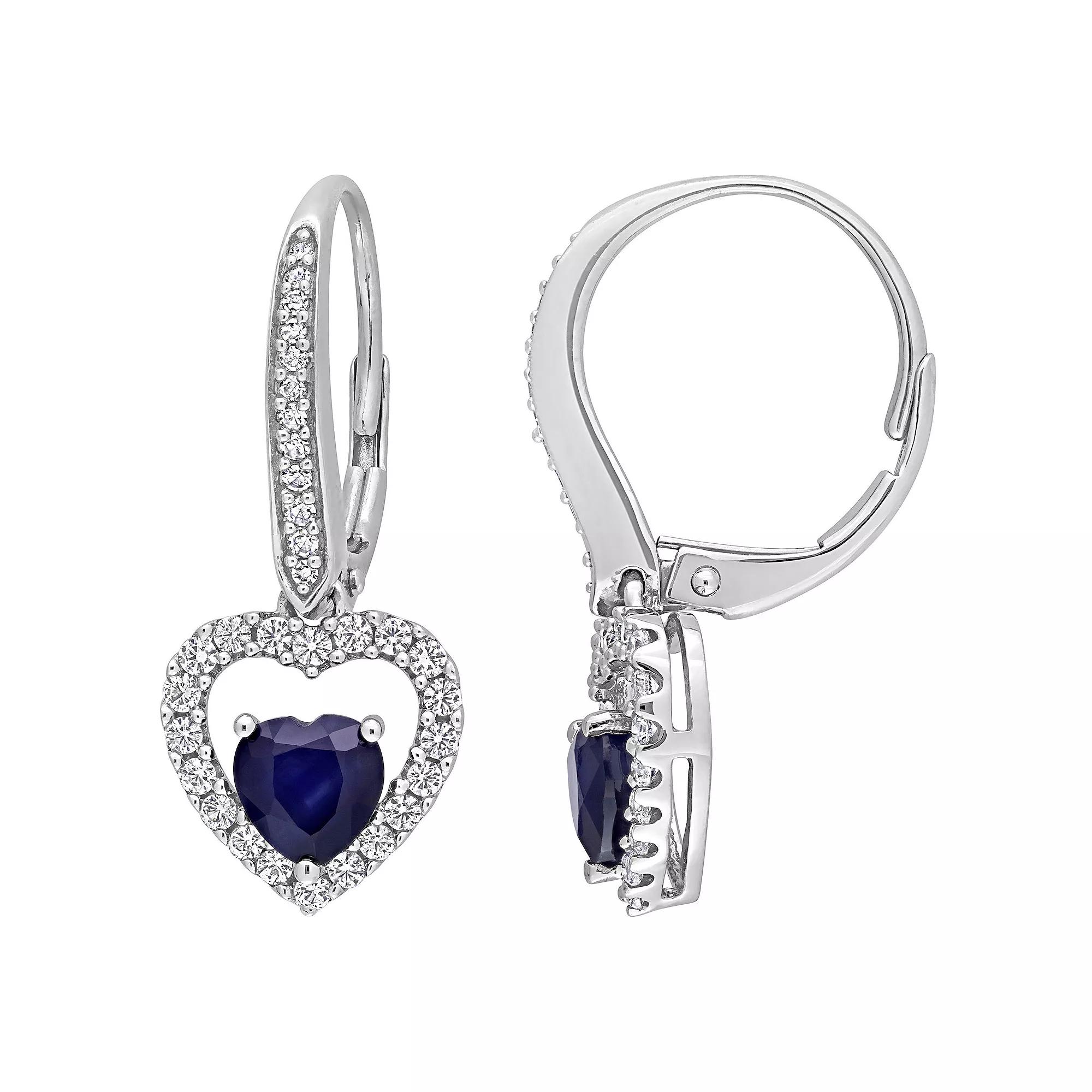 Stella Grace 14k White Gold Blue Sapphire, White Sapphire & 1/10 Carat T.W. Diamond Heart Drop Earrings, Women's Product Image