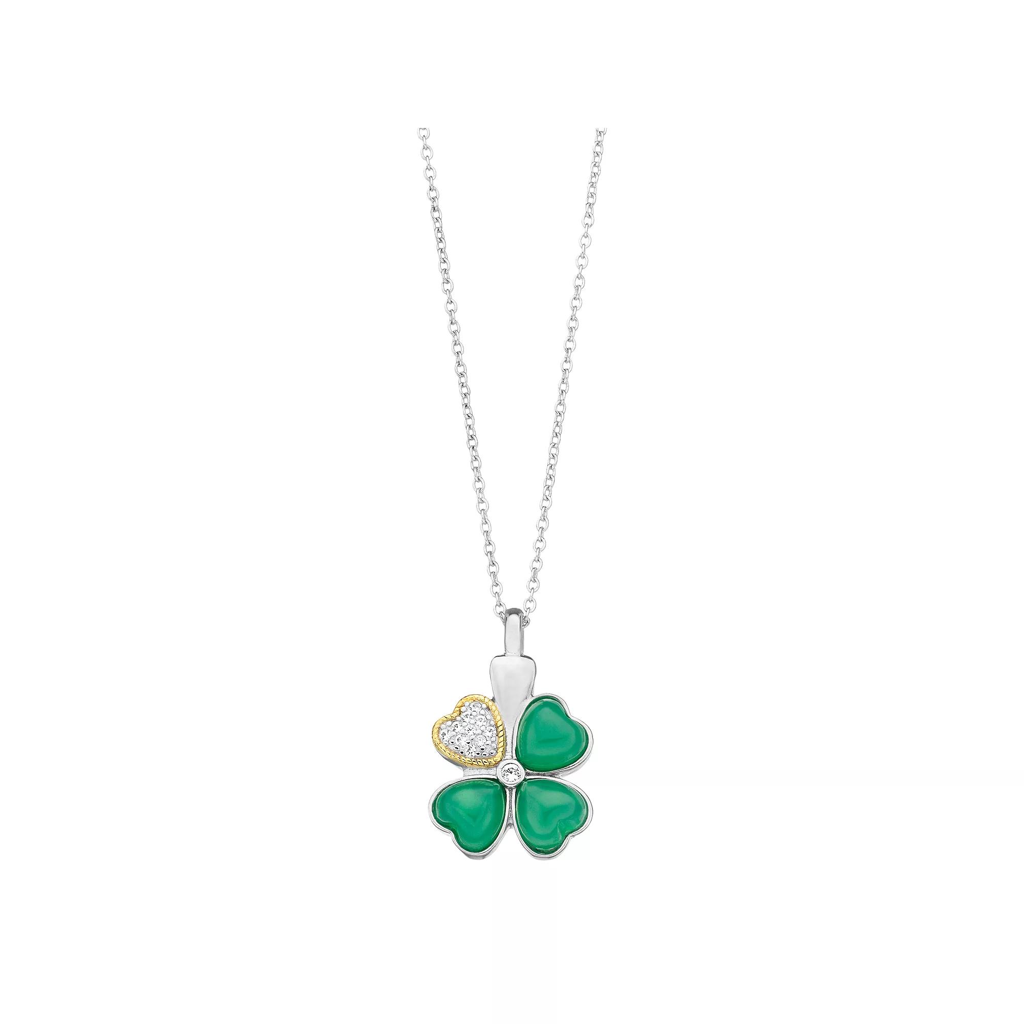 Rosabella Sterling Silver Green Onyx & Lab-Created White Sapphire Clover Pendant Necklace, Women's,  Product Image