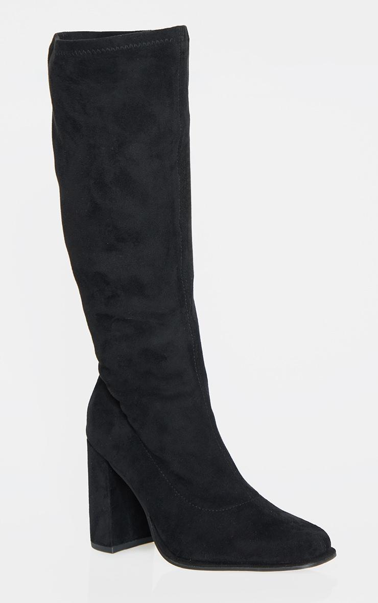 Black Faux Suede Round Toe High Block Heel Knee High Boots Product Image