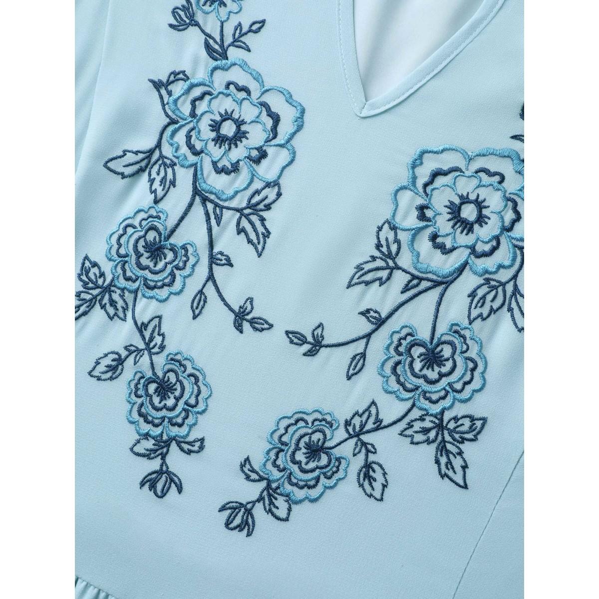 Plus Size Embroidered Sheer Chiffon Pockets Midi Dress LightBlue Women Notched collar Short sleeve Curvy BloomChic 22-24/3X Product Image