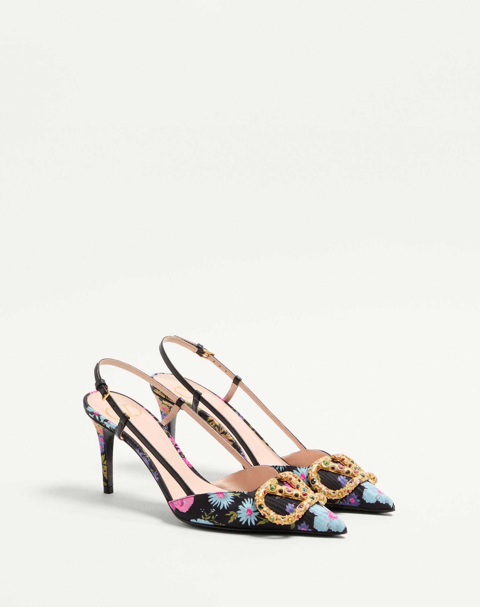 VLogo Signature Slingback Pumps in Papier Floral Moiré Fabric 80mm Product Image