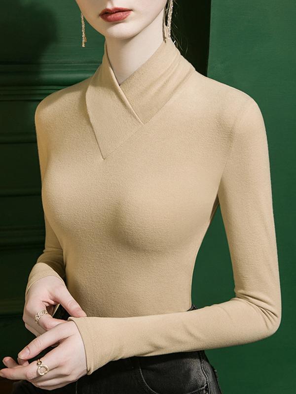 Long Sleeves Plus Size Solid Color Split-Joint V-Neck T-Shirts Product Image