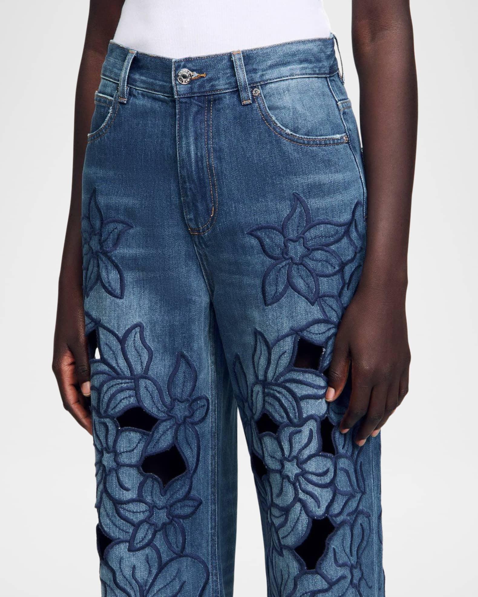 Spring Floral Embroidered Wide-Leg Jeans Product Image