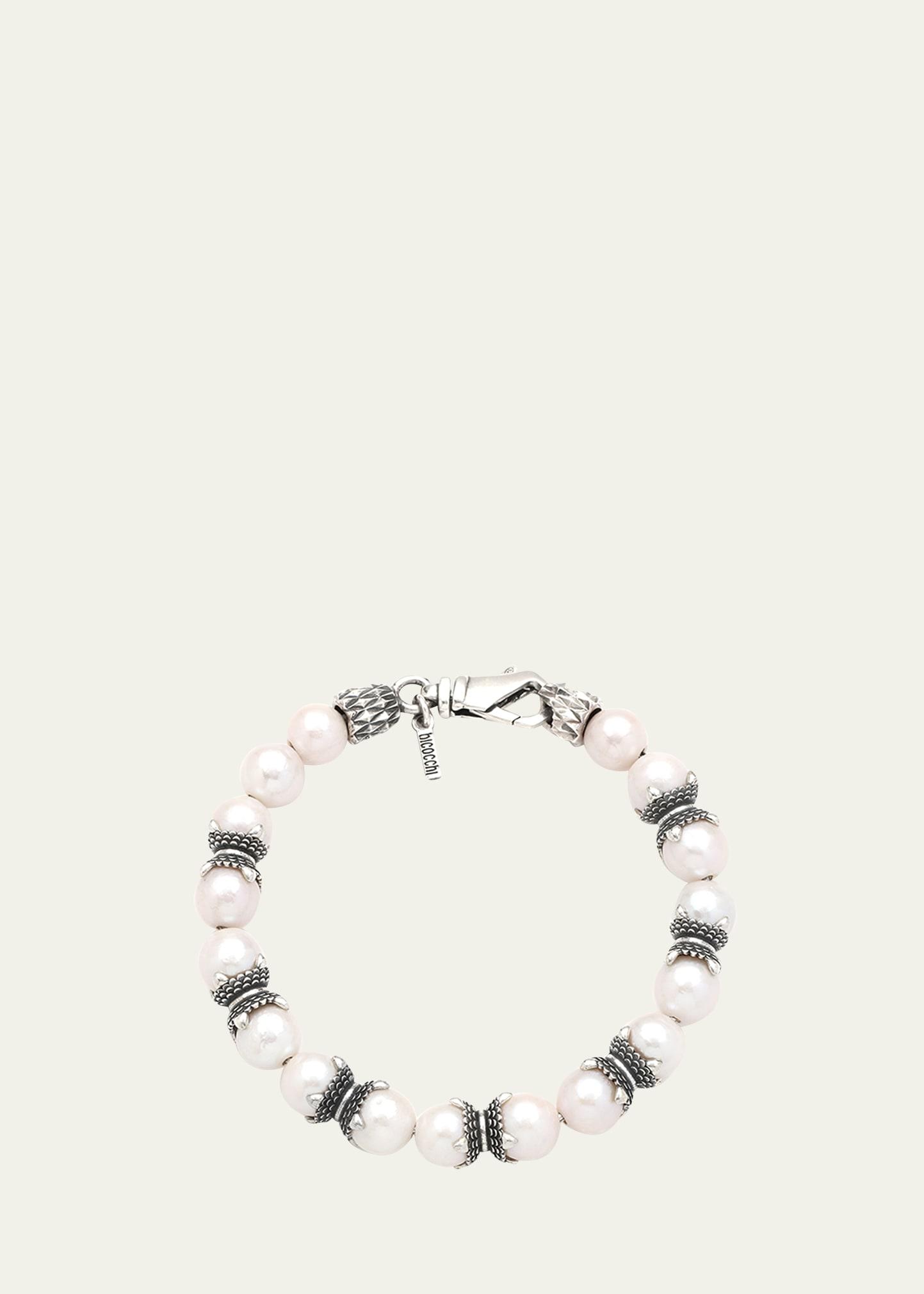 Mens Sterling Silver and Pearl Beaded Bracelet Product Image