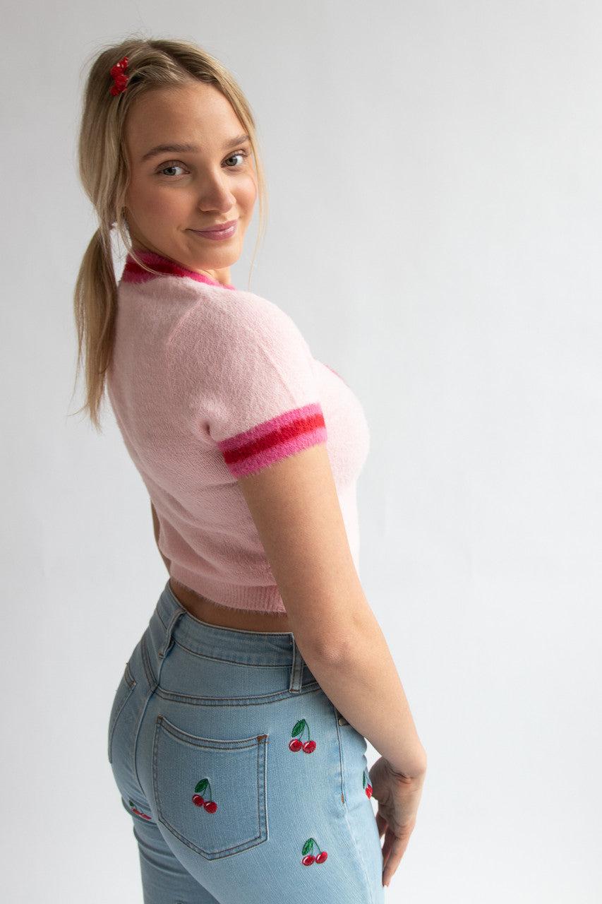 Short Sleeve Heart Eyelash Sweater Product Image