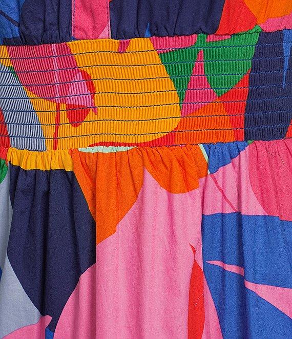 Sugarlips Palmer Abstract Printed Multi Color V-Neck Short Sleeve Poplin Tiered Smocked Waist Maxi Dress Product Image