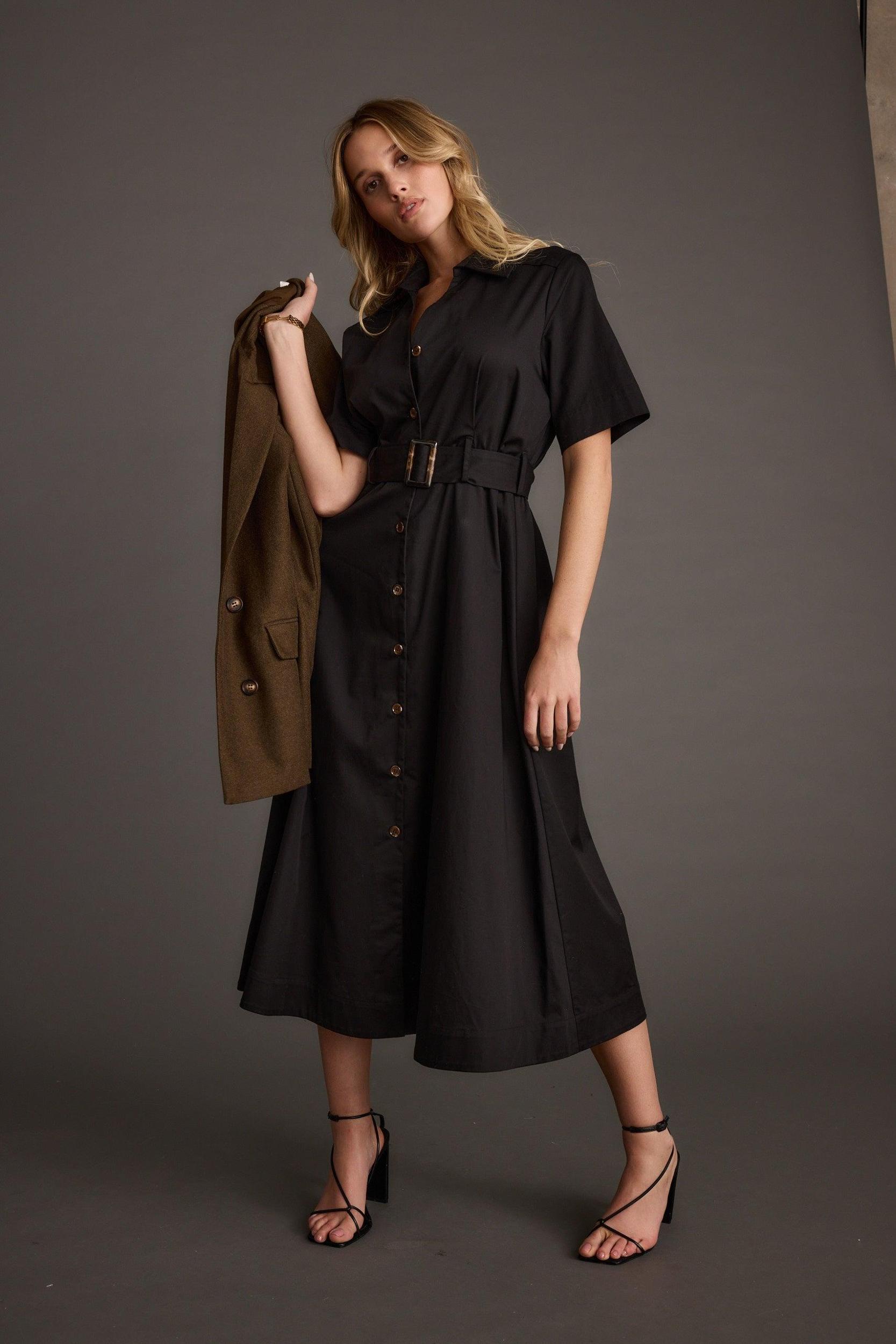 Leena Black Button Front Belted Midi Dress Product Image