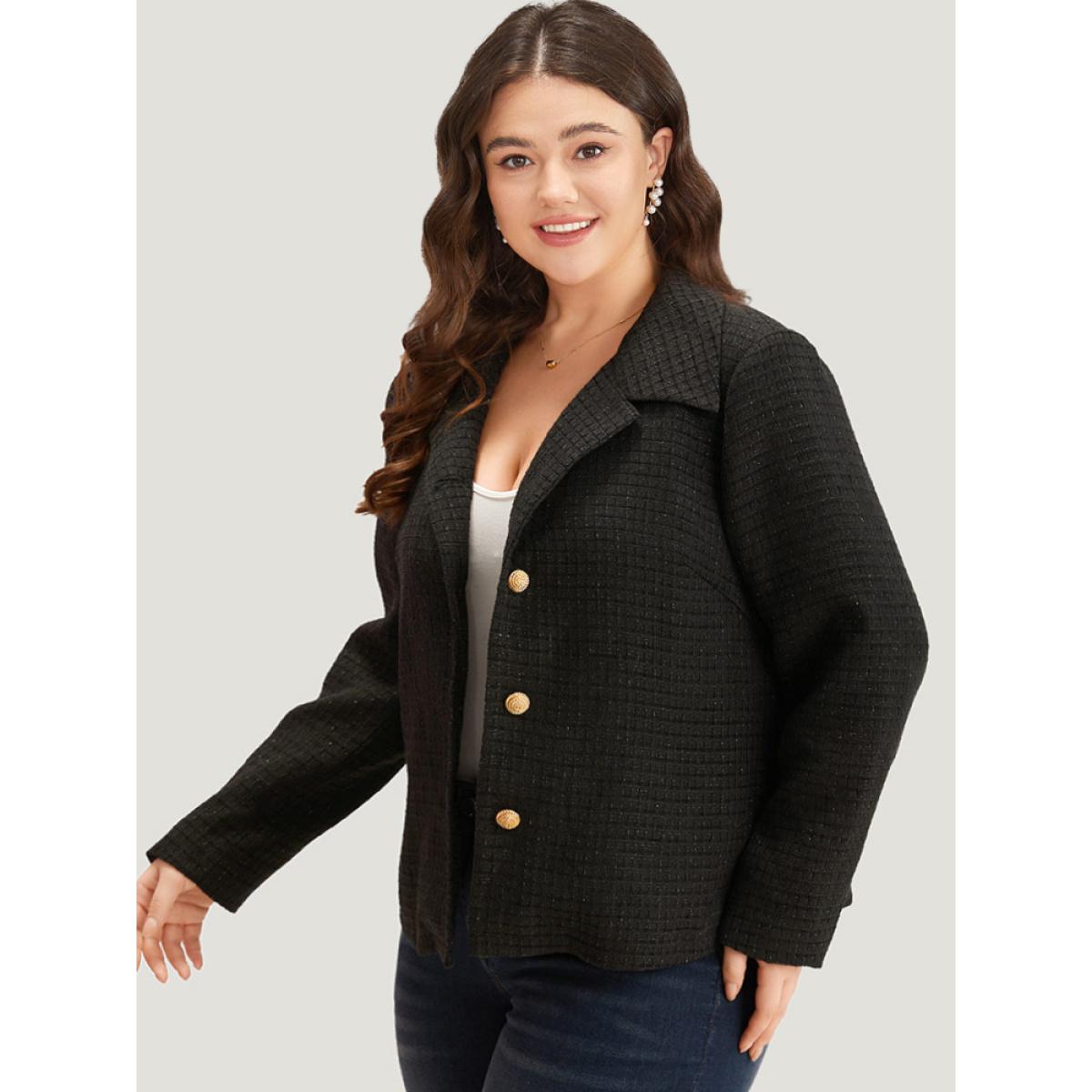 Plus Size Plain Suit Collar Texture Button Up Blazer Black Women Work Plain Texture Sleeve Long Sleeve Suit Collar 14-16/1X Office Blazers BloomChic Product Image