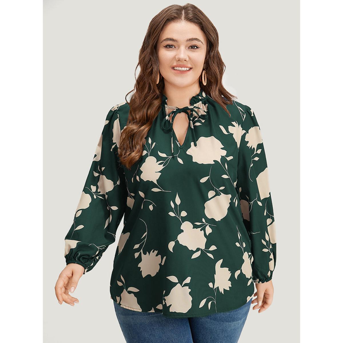 Plus Size DarkGreen Silhouette Floral Print Stand Collar Tie Neck Blouse Women Elegant Long Sleeve Tie Neck Dailywear Blouses BloomChic 26/4X Product Image