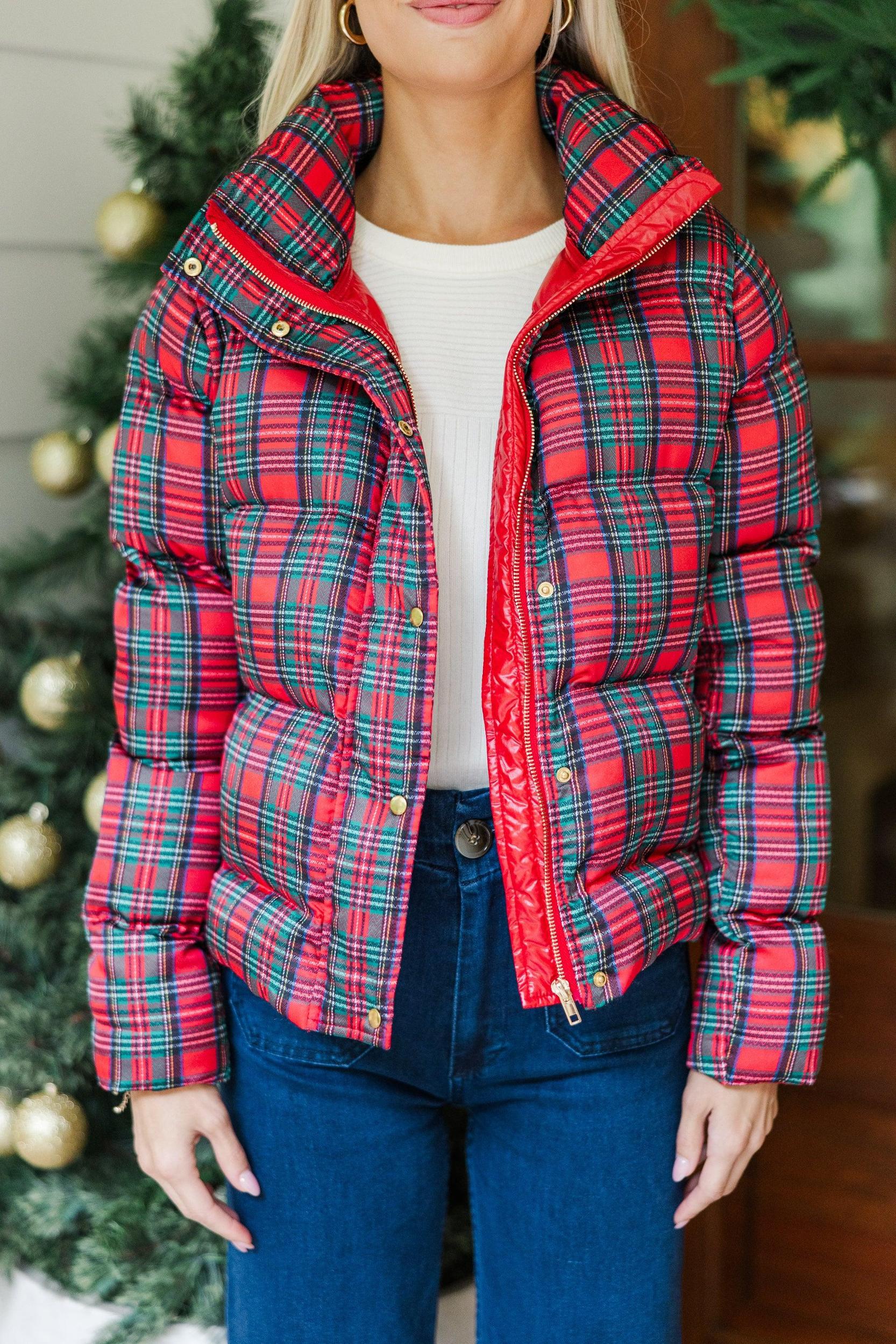 Oh So Merry Red Plaid Puffer Jacket Female Product Image