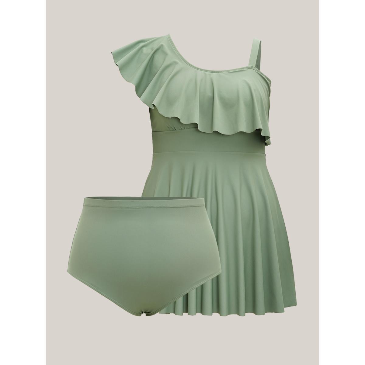 Plus Size Ruffled One-Shoulder Waist-Cinched Swim Dress Women's Swimwear Sage Beach Bodycon Asymmetrical Neck High stretch Curve Swim Dresses BloomChic 18-20/2X Product Image