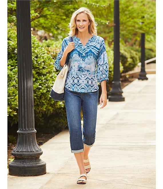 Westbound Woven Tie-Dye Elbow Smock Sleeve Henley Blouse Product Image