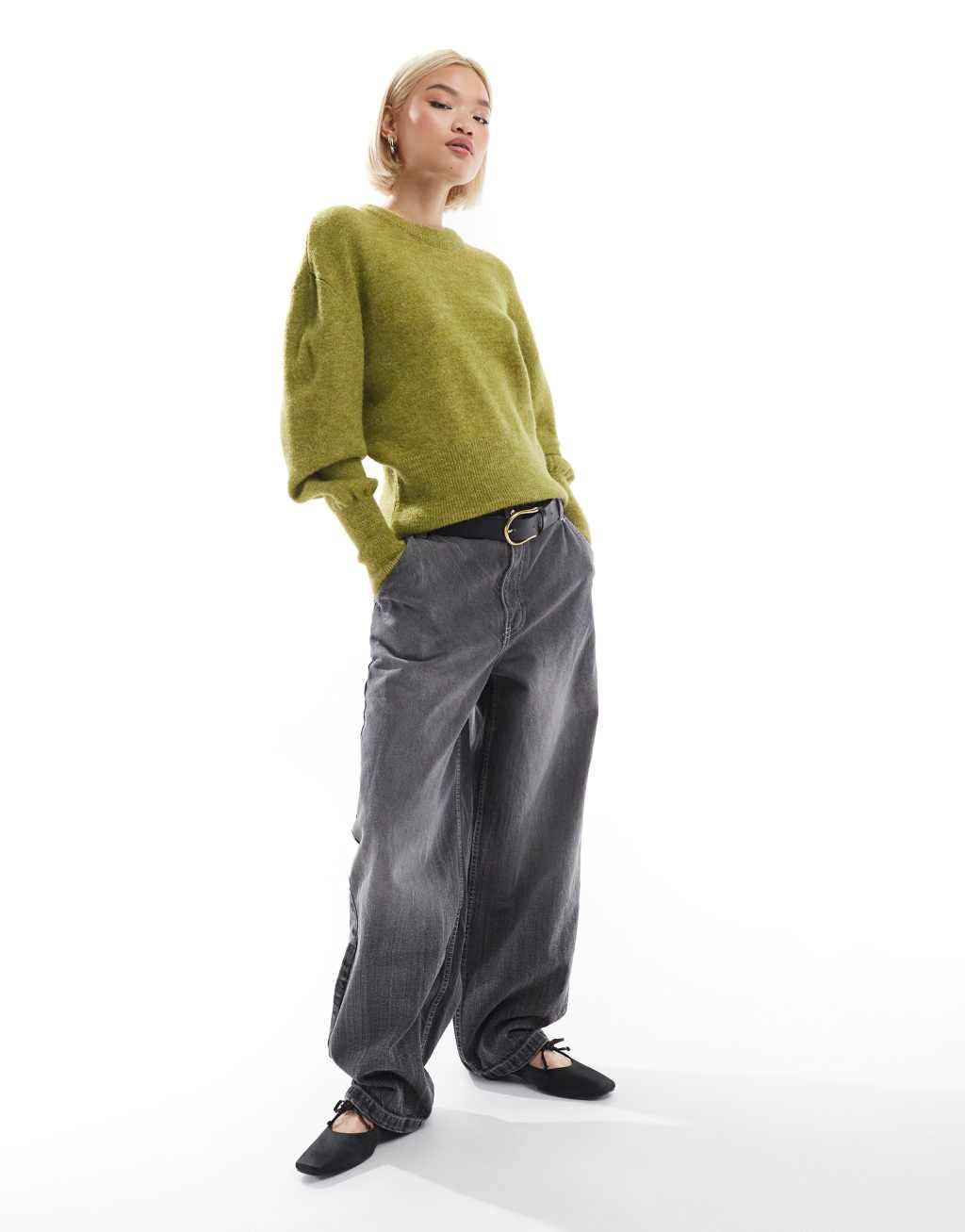 ASOS DESIGN knit crew neck sweater with balloon sleeves Product Image