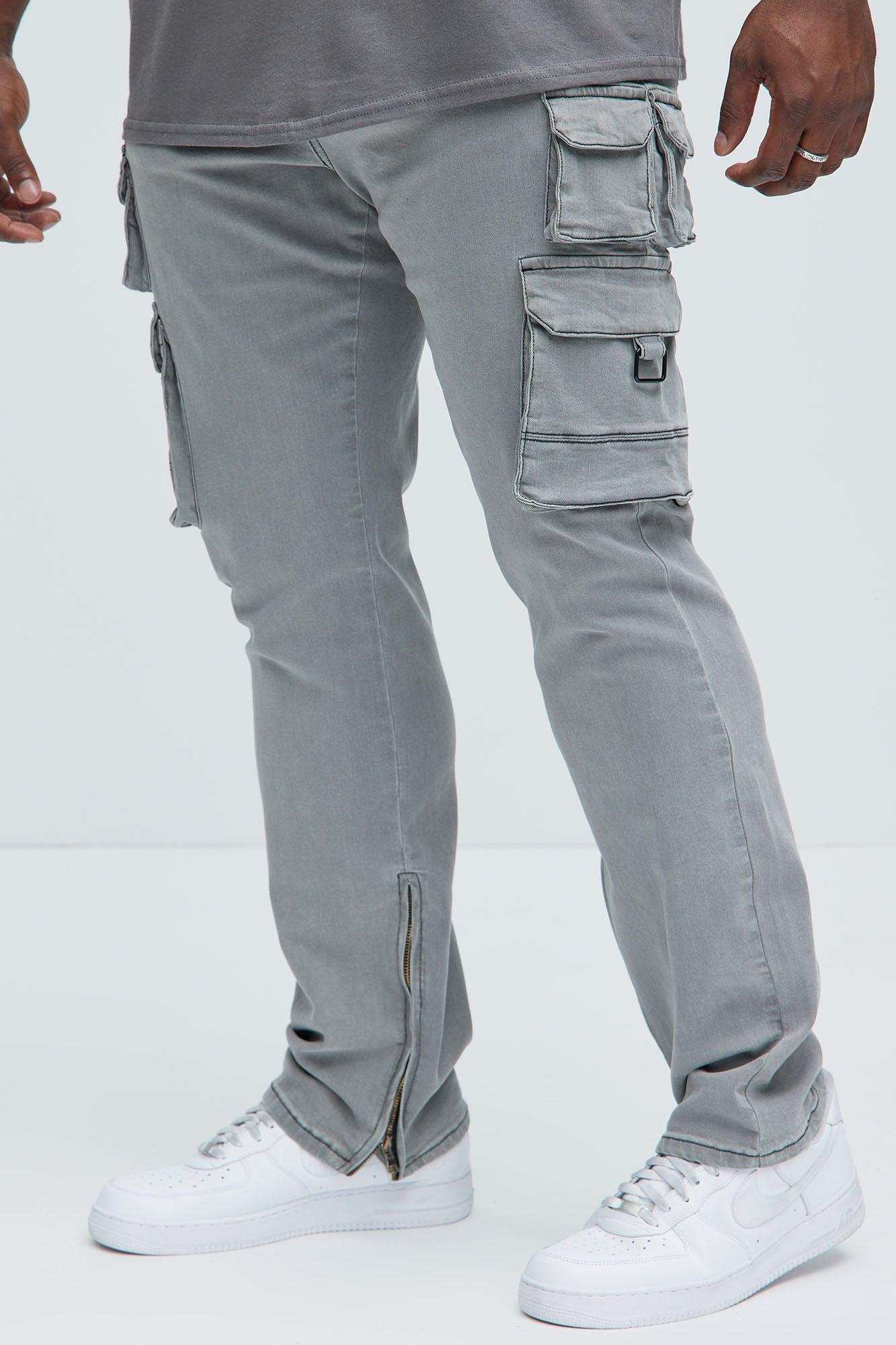 Get This Cargo Stacked Skinny Zipper Flare Jeans - Grey Product Image