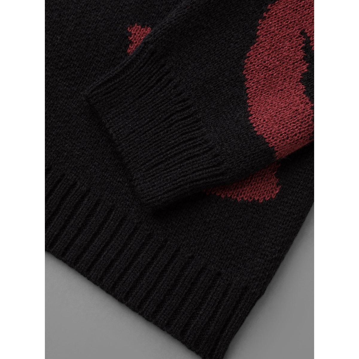 Plus Size Lip Print Contrast Knit Pullover Black Women Casual Loose Long Sleeve V-neck Everyday Pullovers BloomChic 14-16/1X Product Image