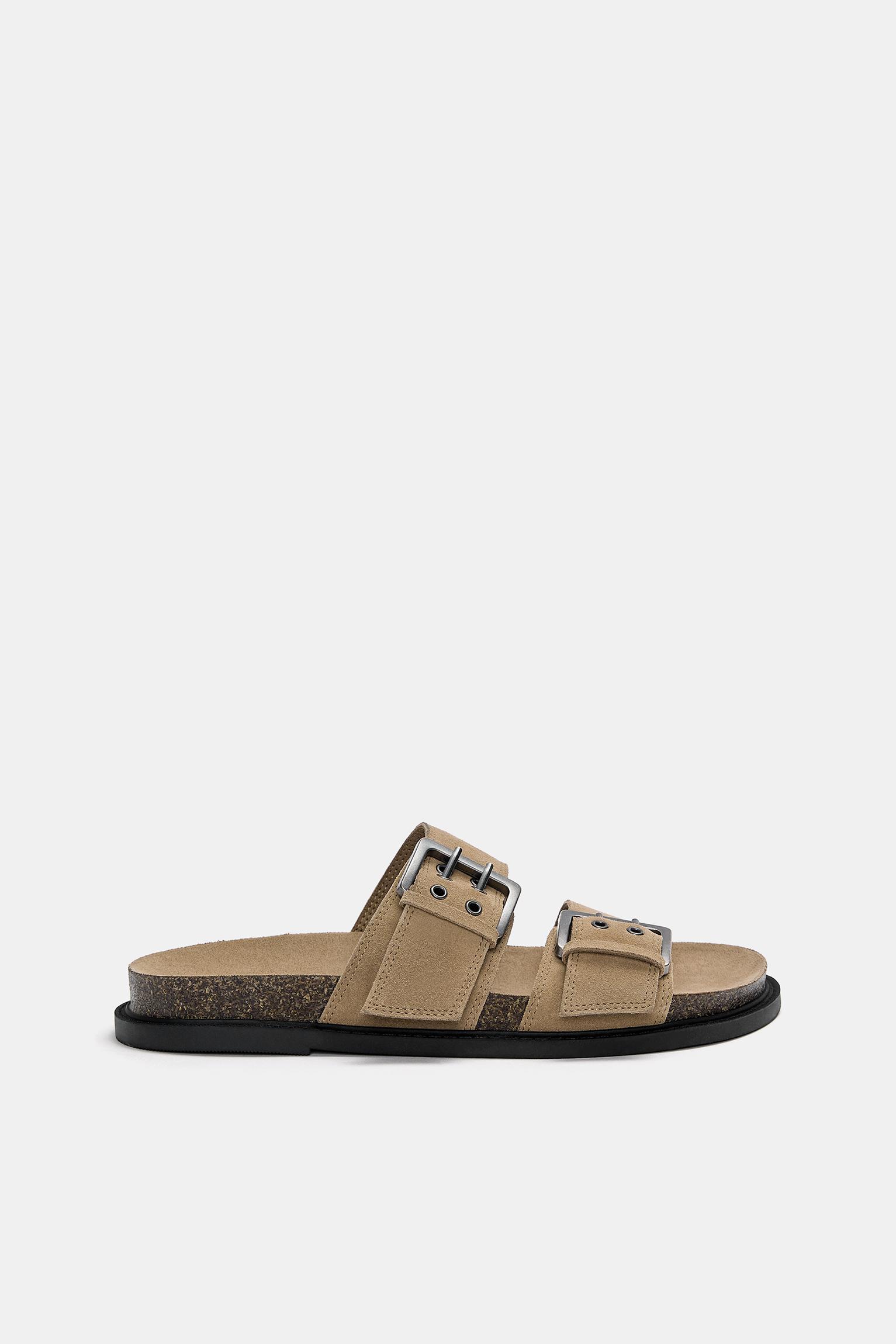 Leather flat sandals with buckles Product Image