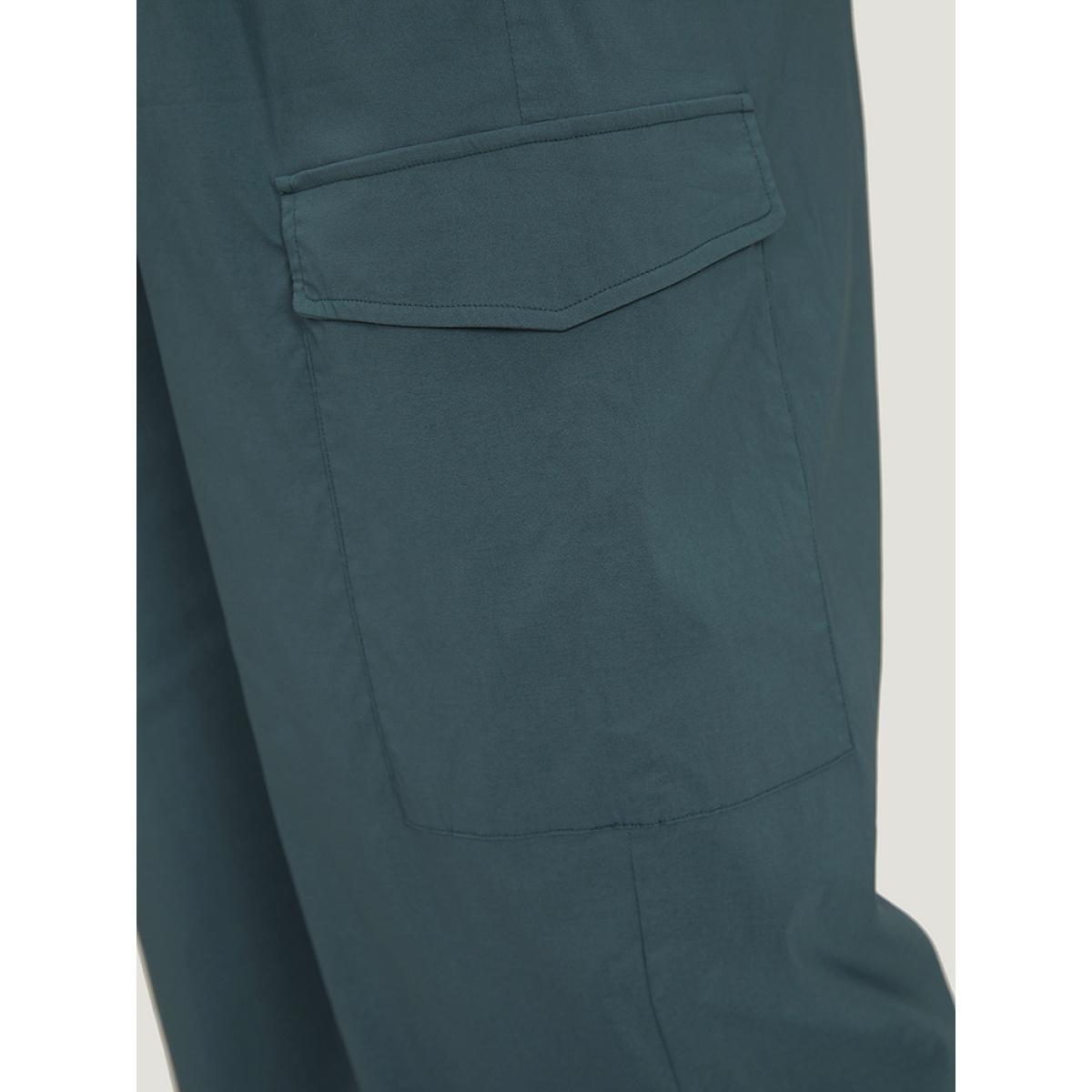 Plus Size Plain Drawstring Patched Pocket High Rise Pants Women DarkGreen Casual Straight Leg High Rise Dailywear Pants BloomChic 14-16/1X Product Image