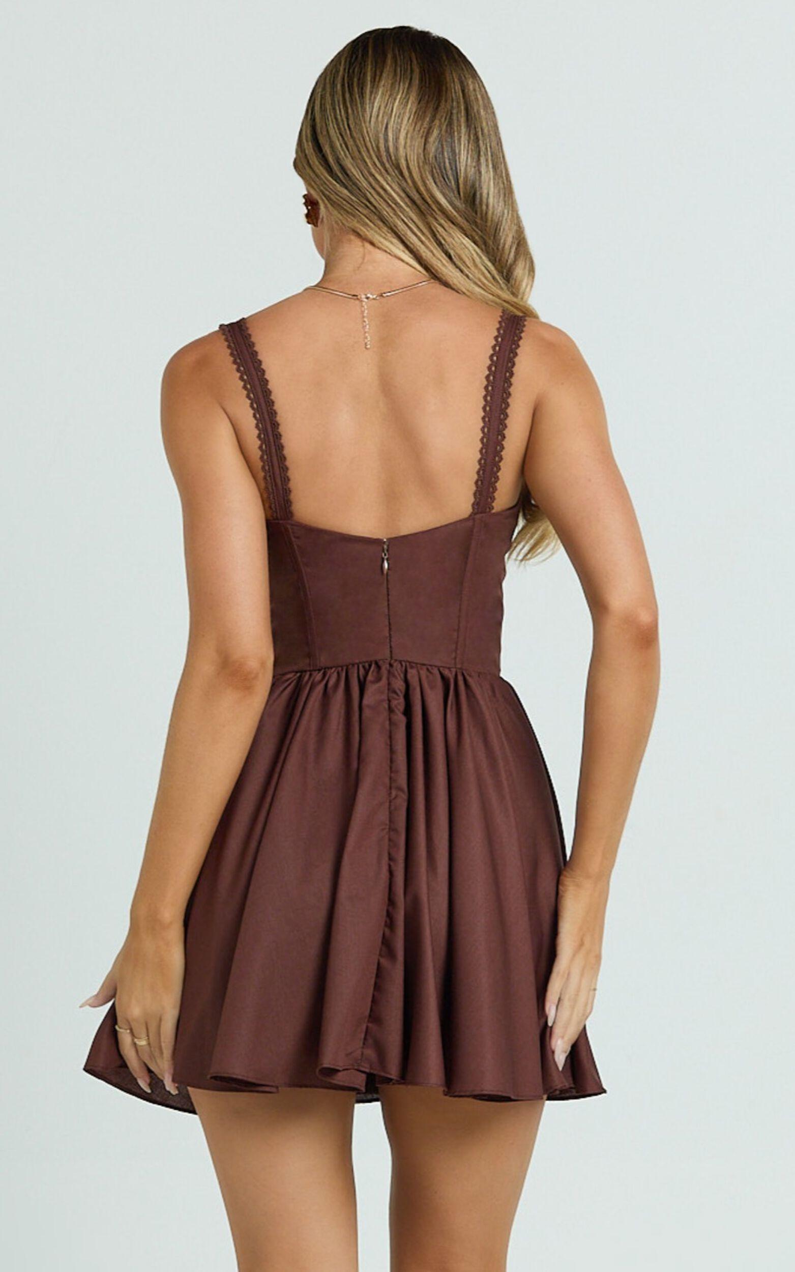 Jonas Mini Dress - Corset Ruched Lace Trim Dress in Chocolate Product Image