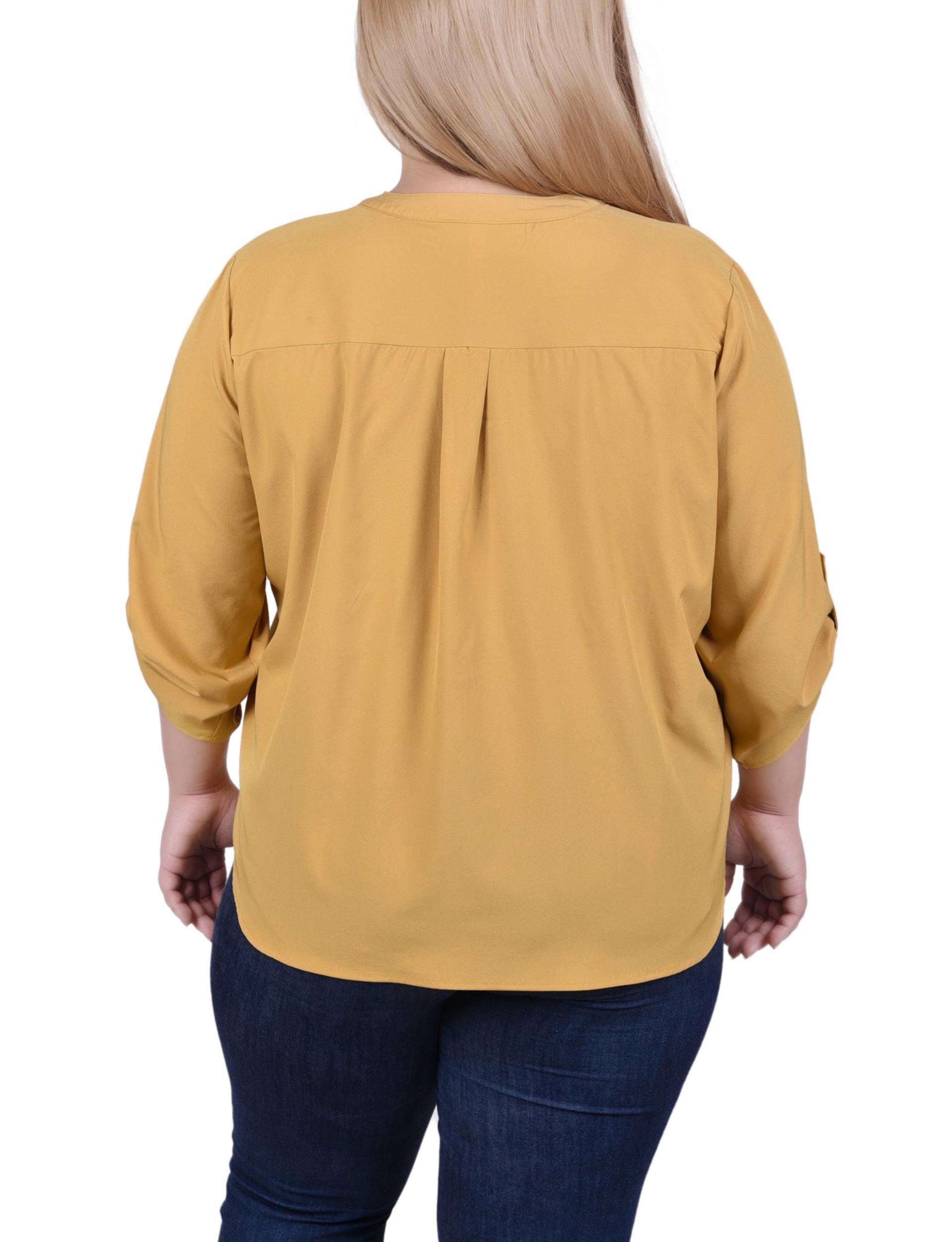 Yellow 3/4 Tabbed Sleeve Y Neck Blouse - Plus Size Product Image