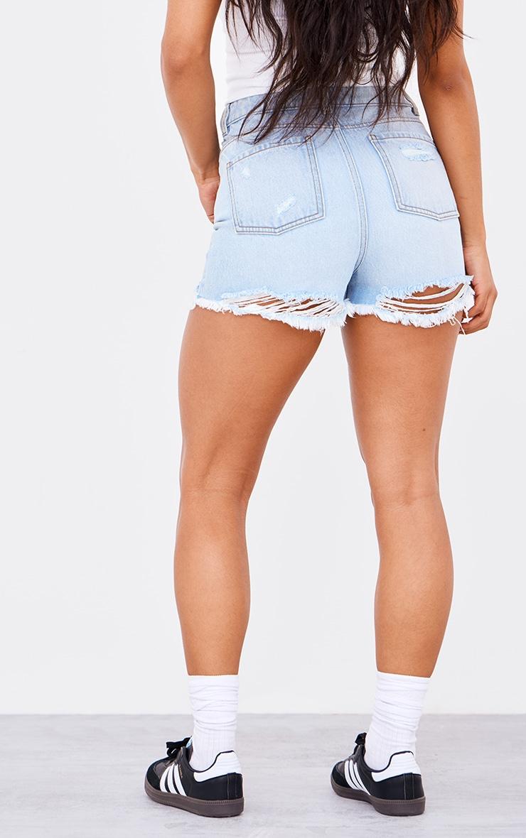 Light Blue Distressed High Rise Basic Denim Shorts Product Image