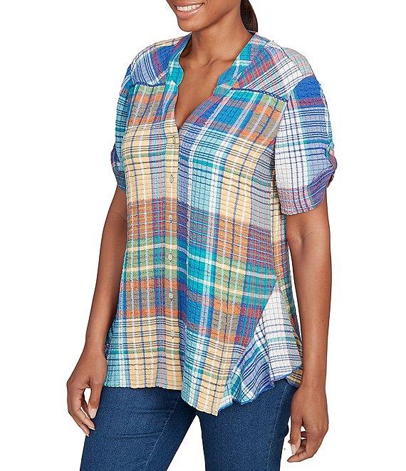 Ruby Rd. Petite Size Soft Crinkle Plaid Y-Neck Short Button-Tab Sleeve Button-Front Shirt Product Image