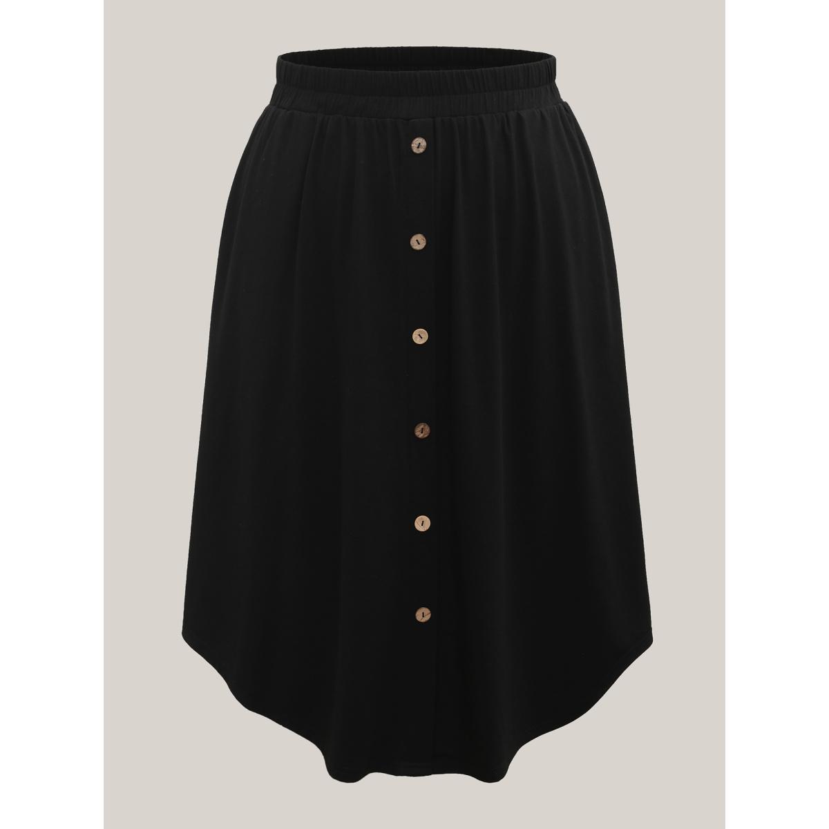 Plus Size Button Detail Hi-Low Hem Midi Skirt Women Black Elegant Bodycon Low stretch Side seam pocket Everyday Skirts BloomChic 26/4X Product Image