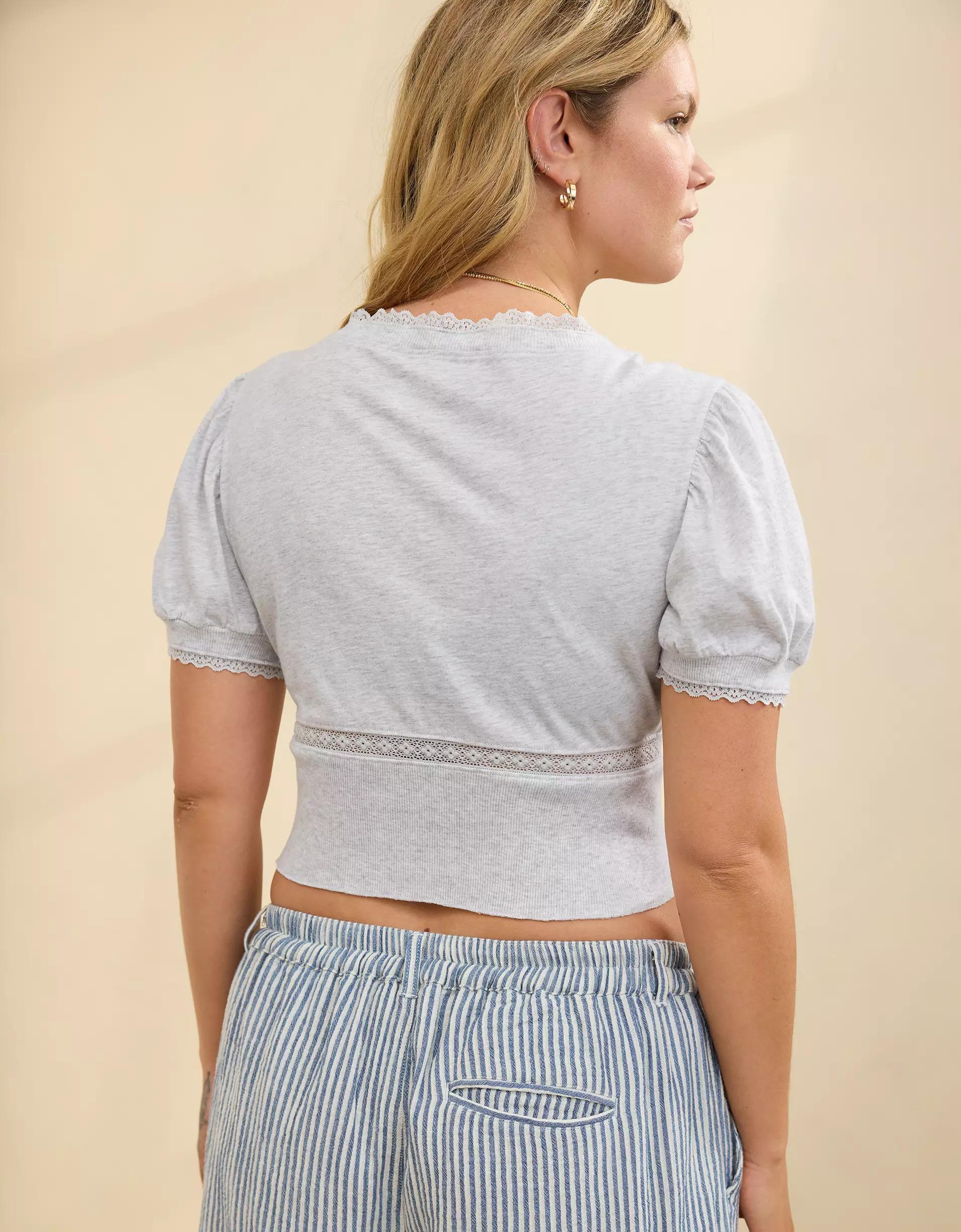 Aerie Cropped Lace Trim V-Neck T-Shirt Product Image