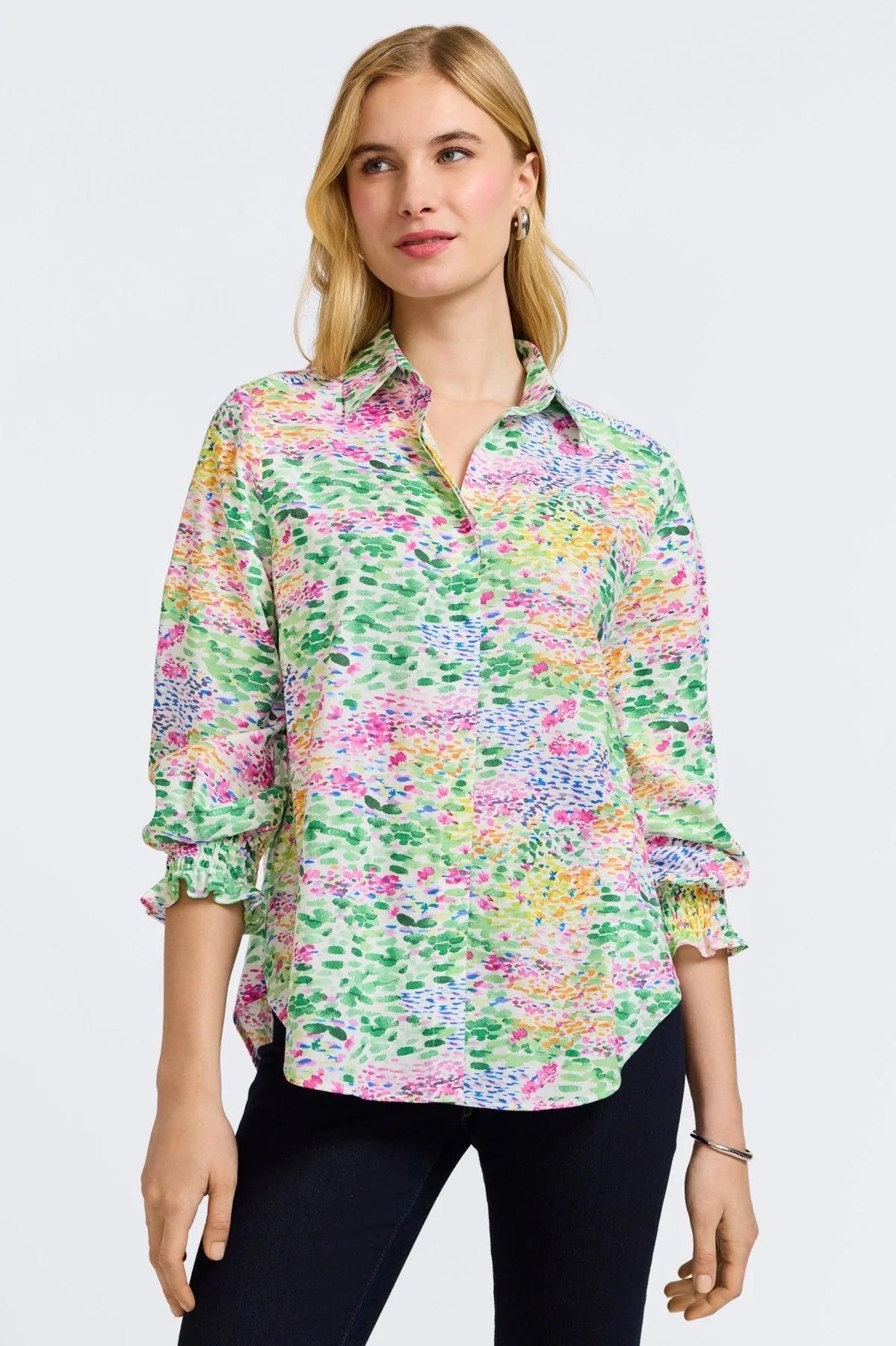 Foxcroft Olivia Linen Impressionist Floral 3/4 Sleeve Shirt Product Image