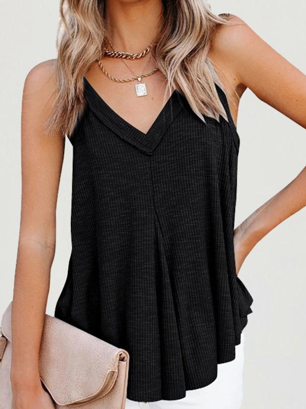 Loose Sleeveless Pleated Solid Color V-Neck Vest Top Product Image