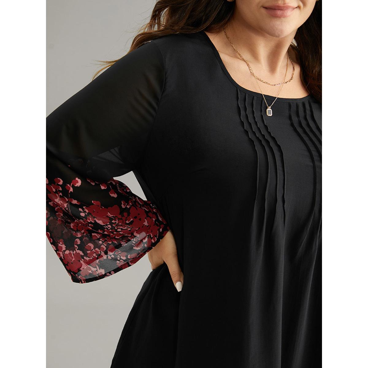 Plus Size Black Boho Print Pleated Mesh Ruffle Sleeve Blouse Women Vacation Long Sleeve Round Neck Dailywear Blouses BloomChic 14-16/1X Product Image