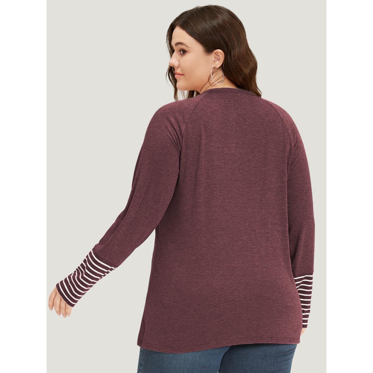 Plus Size Striped Patchwork Button Up Round Neck T-shirt Russet Women Casual Contrast Striped Round Neck Dailywear T-shirts BloomChic 30/6X Product Image