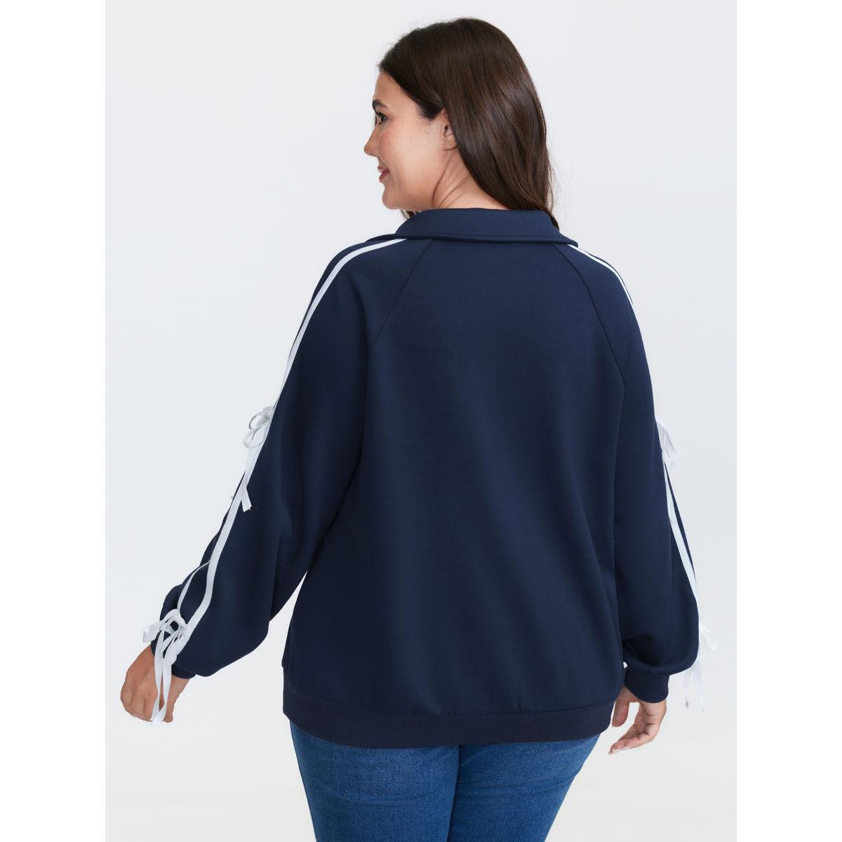 Plus Size Supersoft Ribbon Detail Contrast Sweatshirt Women Navy Leisure Woven ribbon&lace trim Turtleneck Casual Sweatshirts BloomChic 28/5X Product Image
