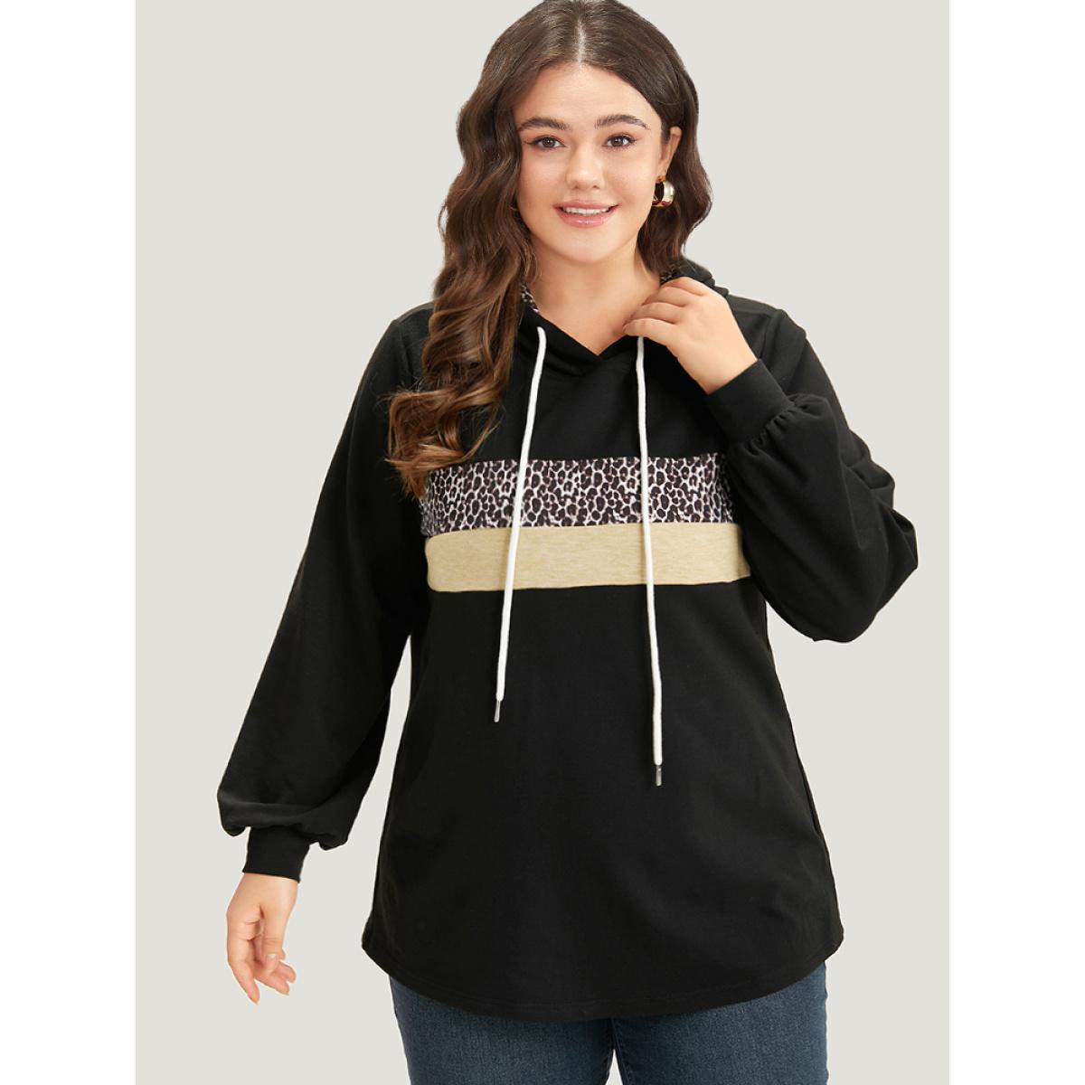 Plus Size Leopard Patchwork Contrast Hooded Drawstring Sweatshirt Women Black Casual Elastic cuffs Hooded Dailywear Sweatshirts BloomChic 26/4X Product Image