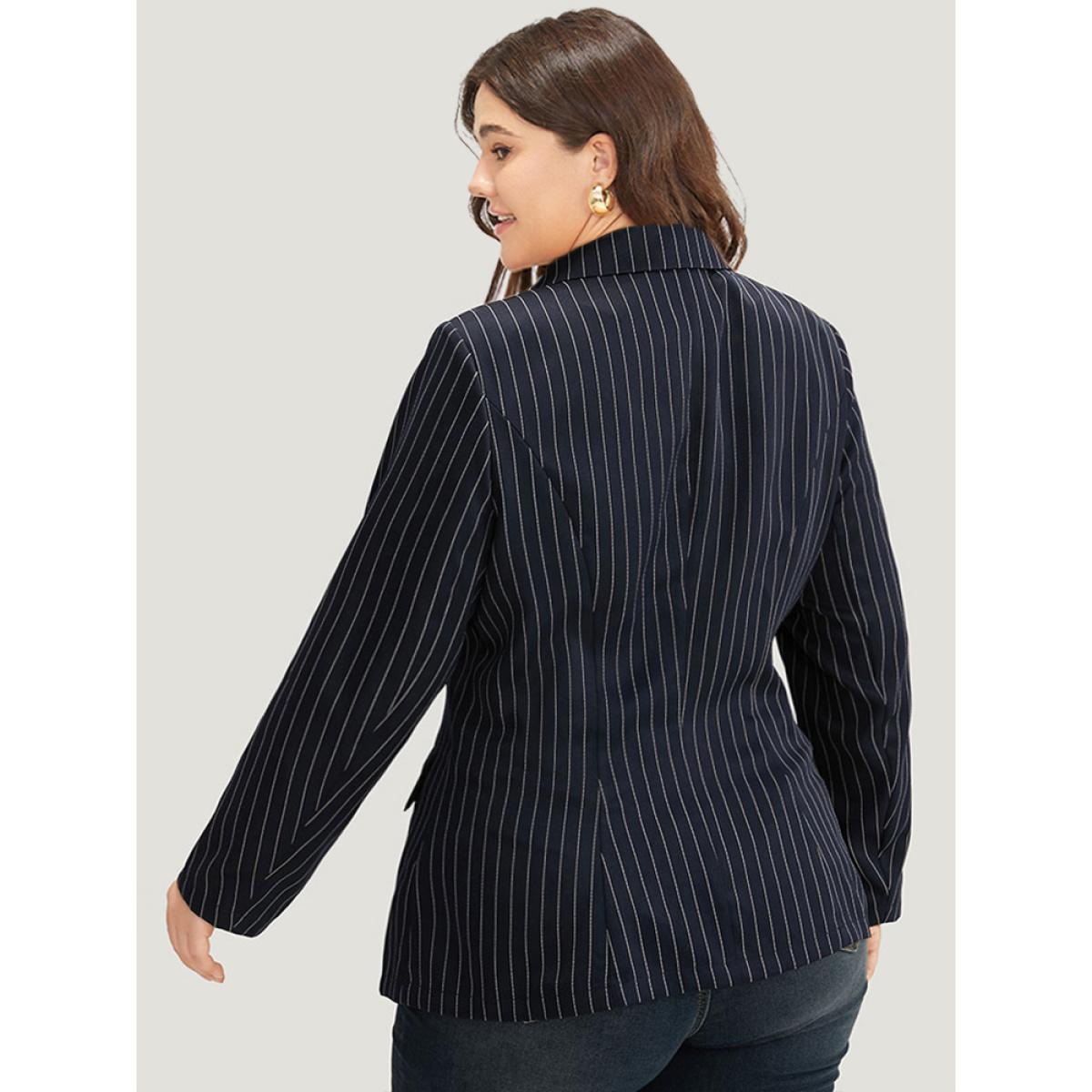 Plus Size Suit Collar Striped Double Breasted Blazer Blue Women Office Striped Button Sleeve Long Sleeve Suit Collar 30/6X Pocket Office Blazers BloomChic Product Image