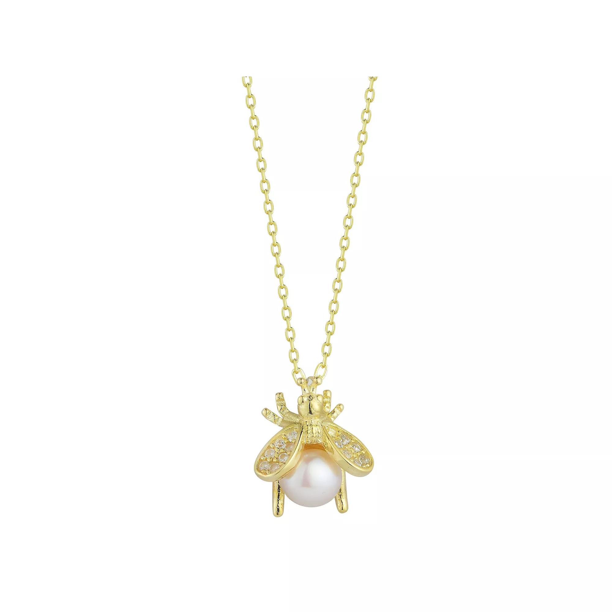 Sunkissed Sterling 14k Gold Over Silver Cubic Zirconia & Freshwater Cultured Pearl Bee Pendant Necklace, Women's, Gold Tone Product Image