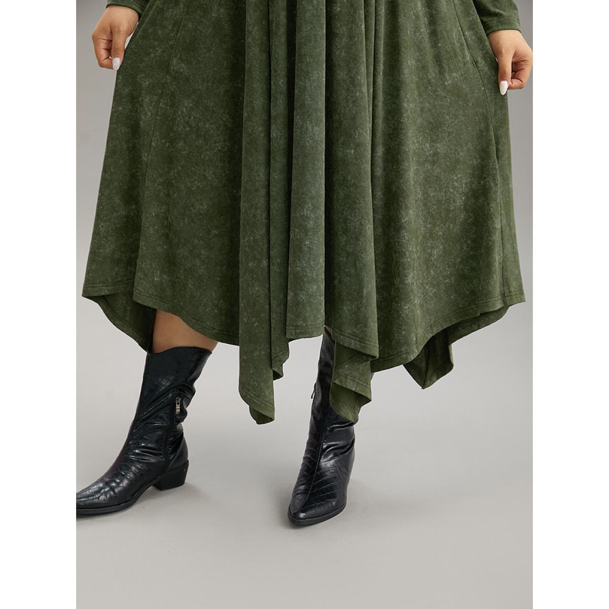 Plus Size Vintage Heather Elastic Waist Hanky Hem Dress ArmyGreen Women Casual Gathered Round Neck Long Sleeve Curvy Midi Dress BloomChic 28/5X Product Image