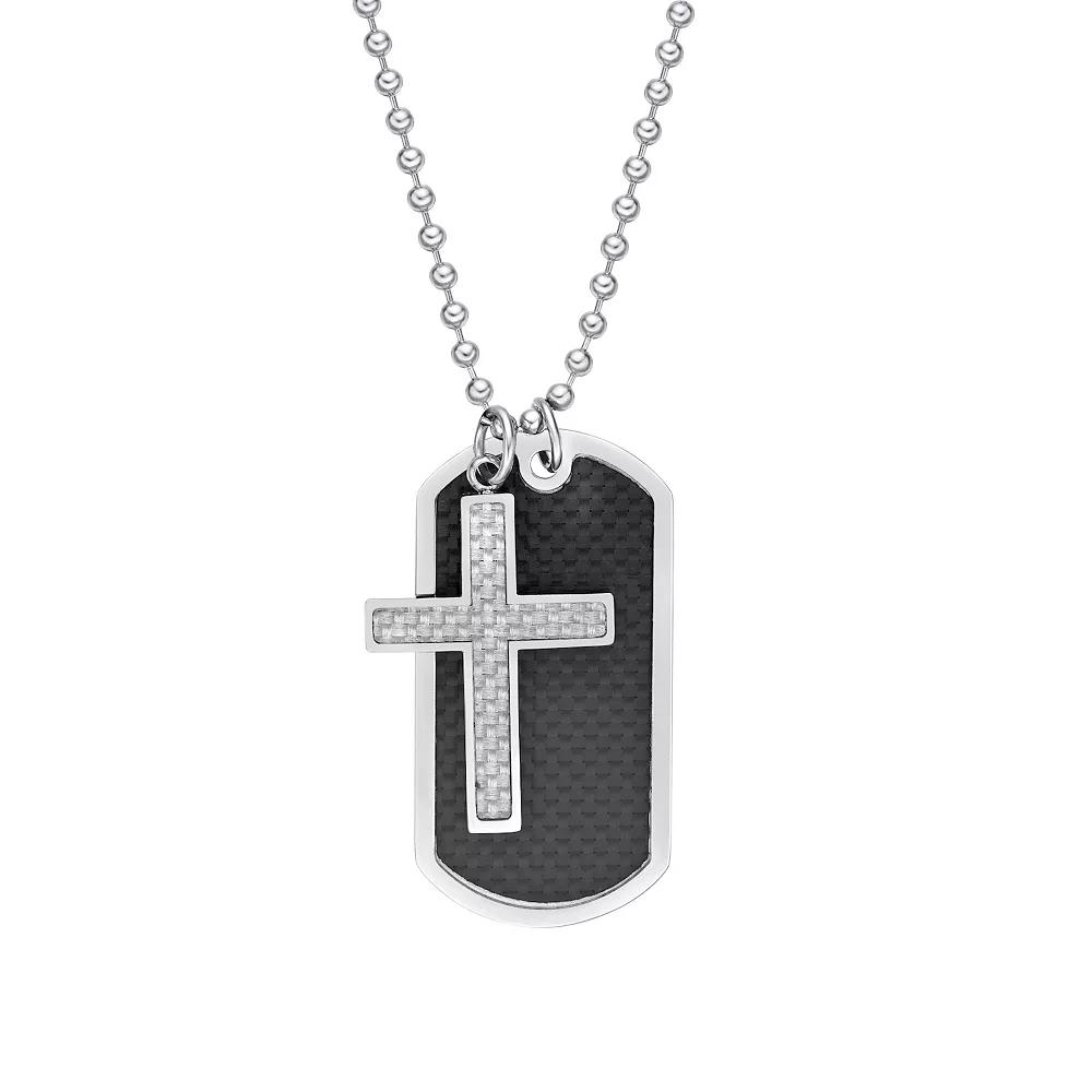 Men's LYNX Stainless Steel Carbon Fiber Inlay Dog Tag & Cross Pendant Necklace, Size: 22" Product Image