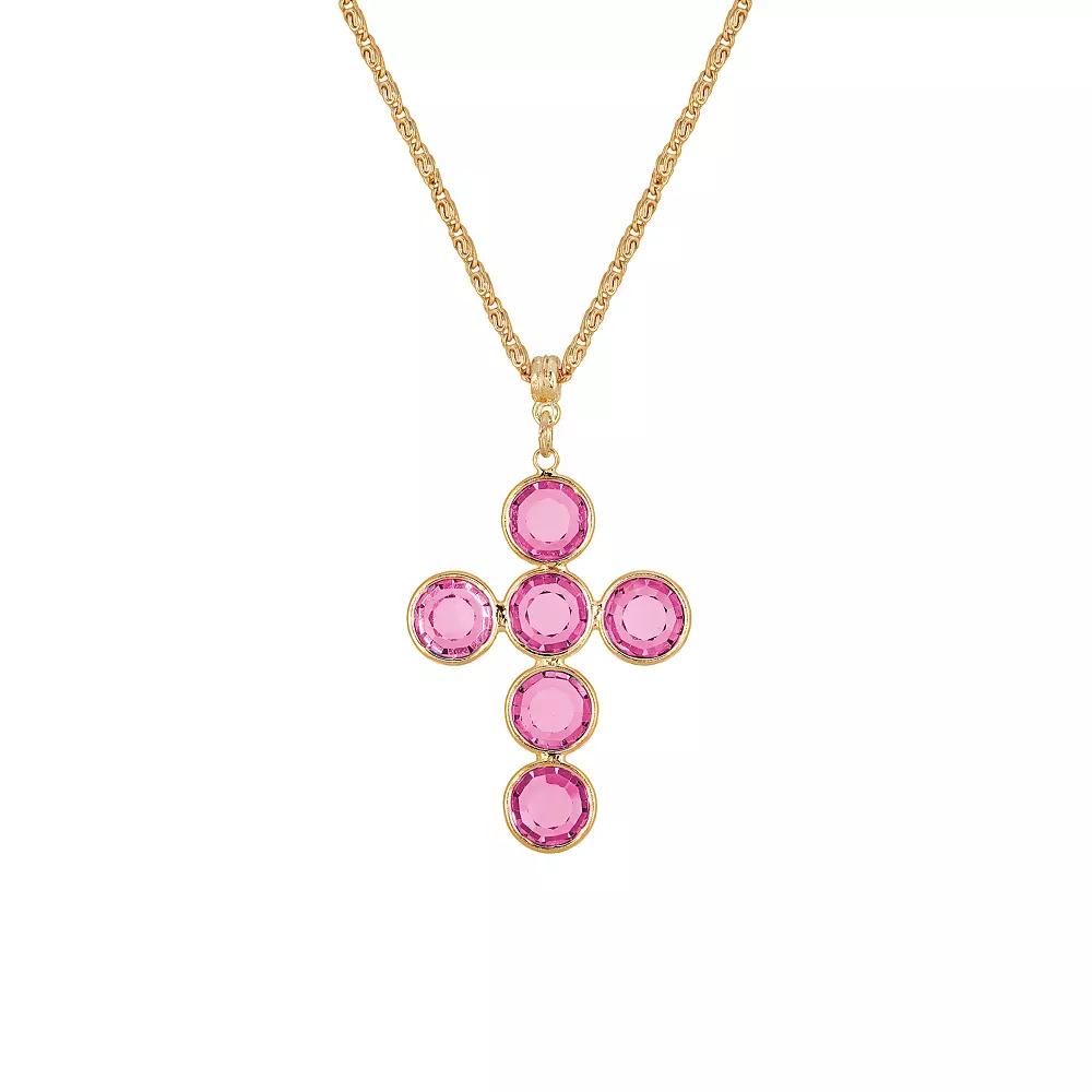1928 Gold Tone Round Crystal Cross Pendant Necklace, Women's, Purple Product Image