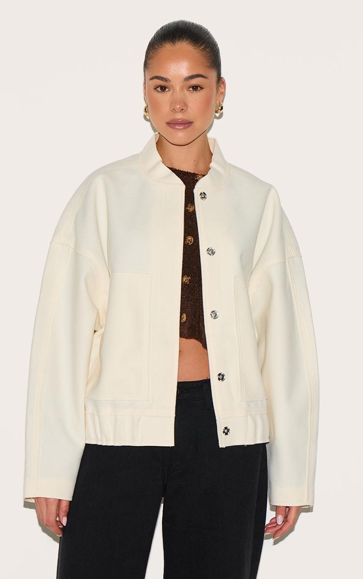 Cream Wool Look Longline Bomber Jacket Product Image