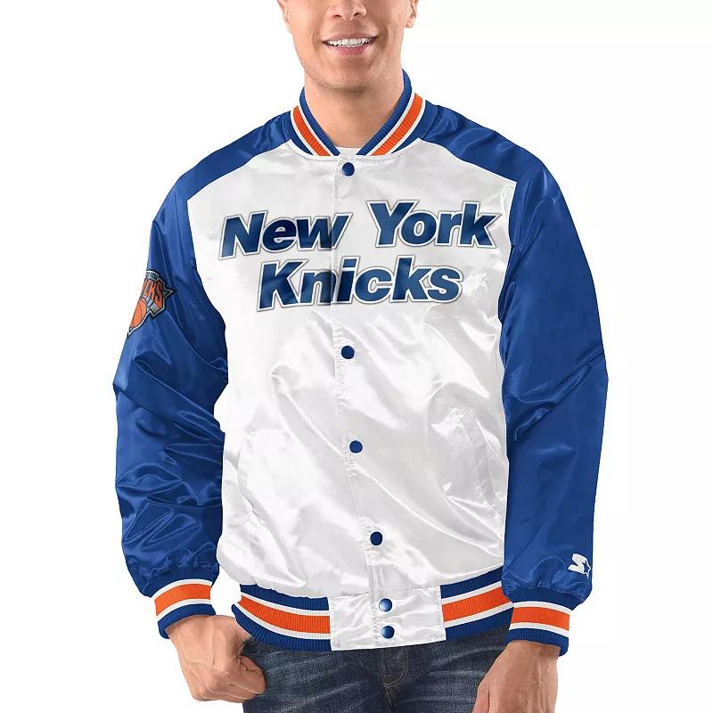 Men's Starter White/Blue New York Knicks Renegade Satin Full-Snap Varsity Jacket,  Product Image