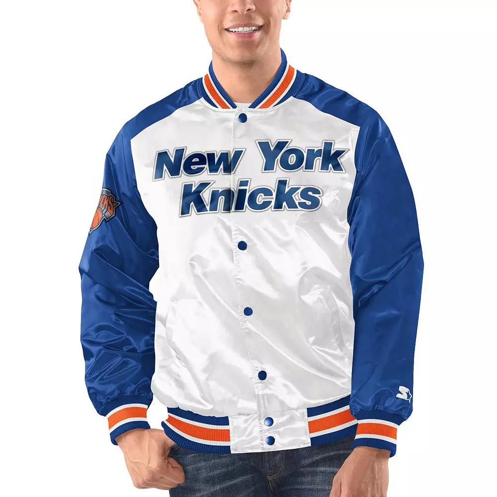 Men's Starter White/Blue New York Knicks Renegade Satin Full-Snap Varsity Jacket,  Product Image