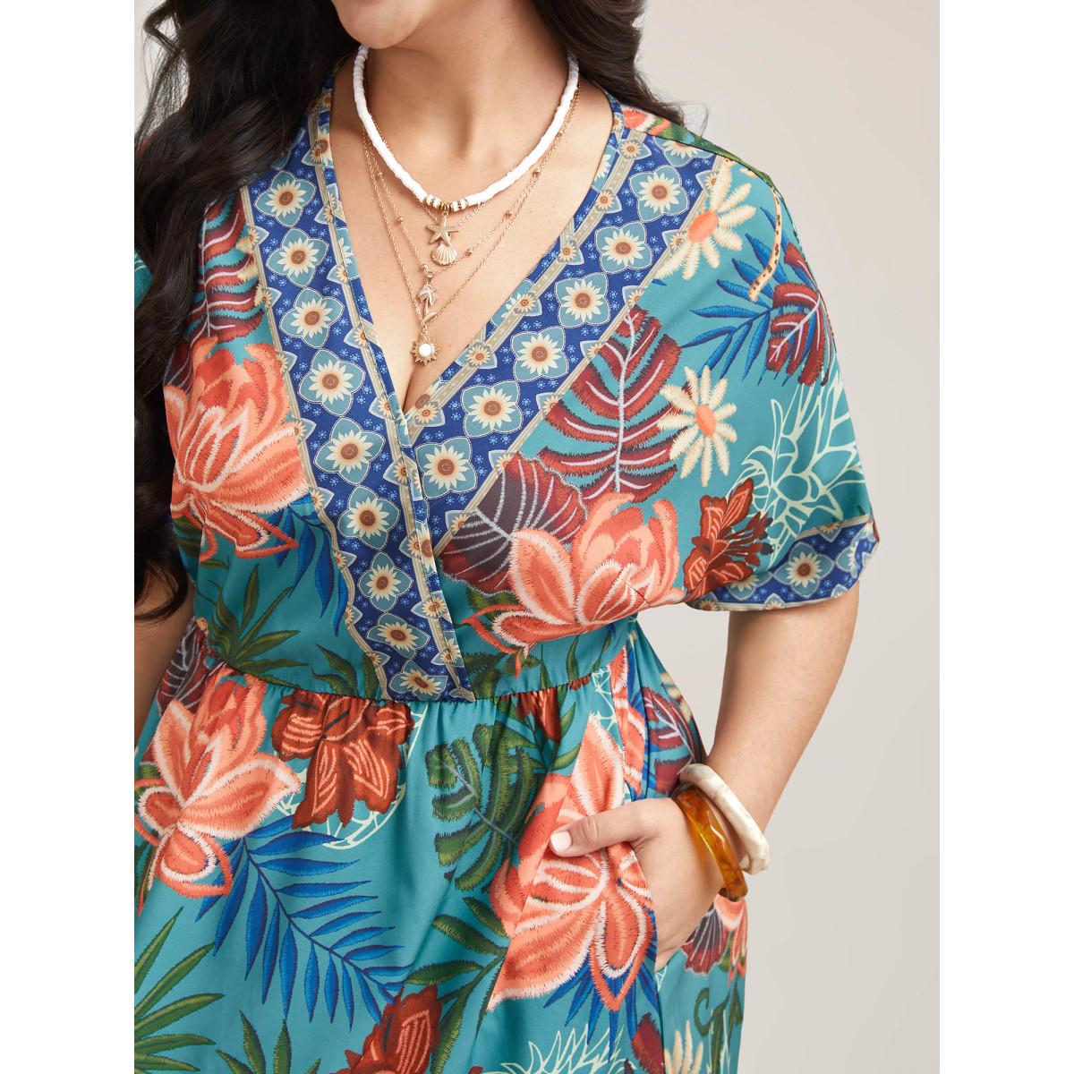 Plus Size Floral Print Surplice Neck Pockets Midi Dress Cerulean Women Resort Non Overlap Collar Short sleeve Curvy BloomChic 12/L Product Image