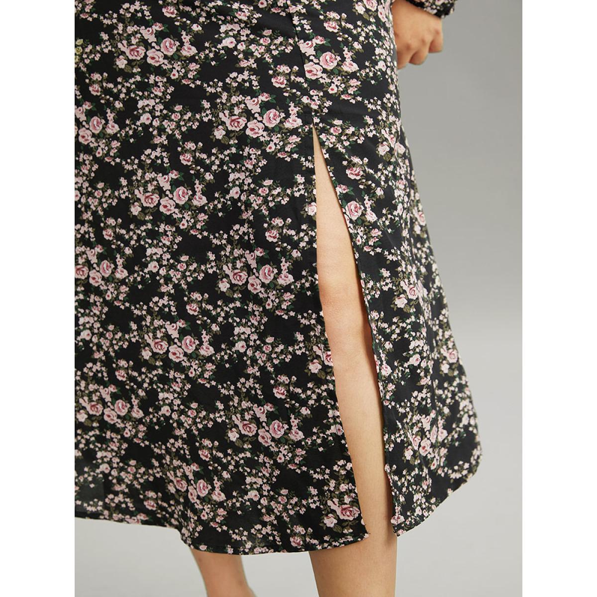 Plus Size Ditsy Floral Pocket Plicated Detail Split Side Dress Black Women Elegant Elastic cuffs Square Neck Long Sleeve Curvy Midi Dress BloomChic 22-24/3X Product Image