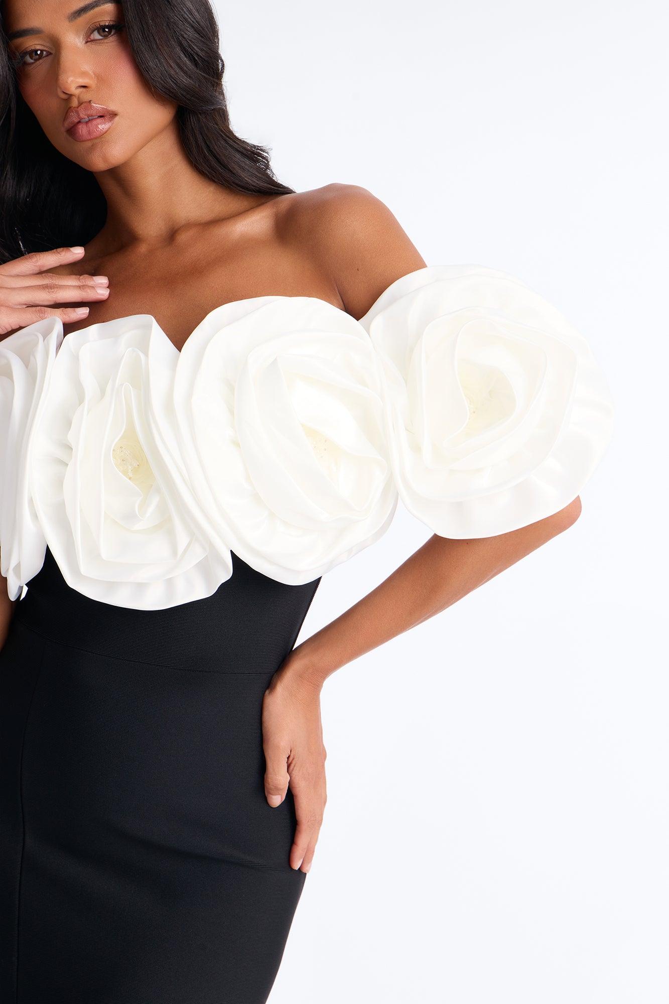Divina Floral Bandage Midi Dress - Black/White Female Product Image