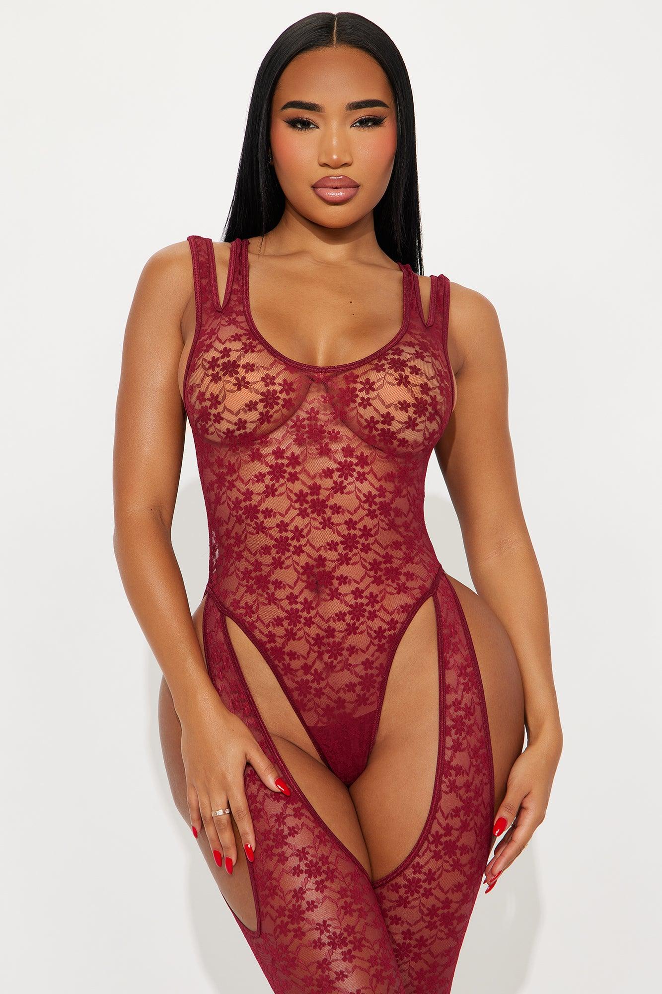 Laced To Break Lace Bodystocking - Wine Female Product Image