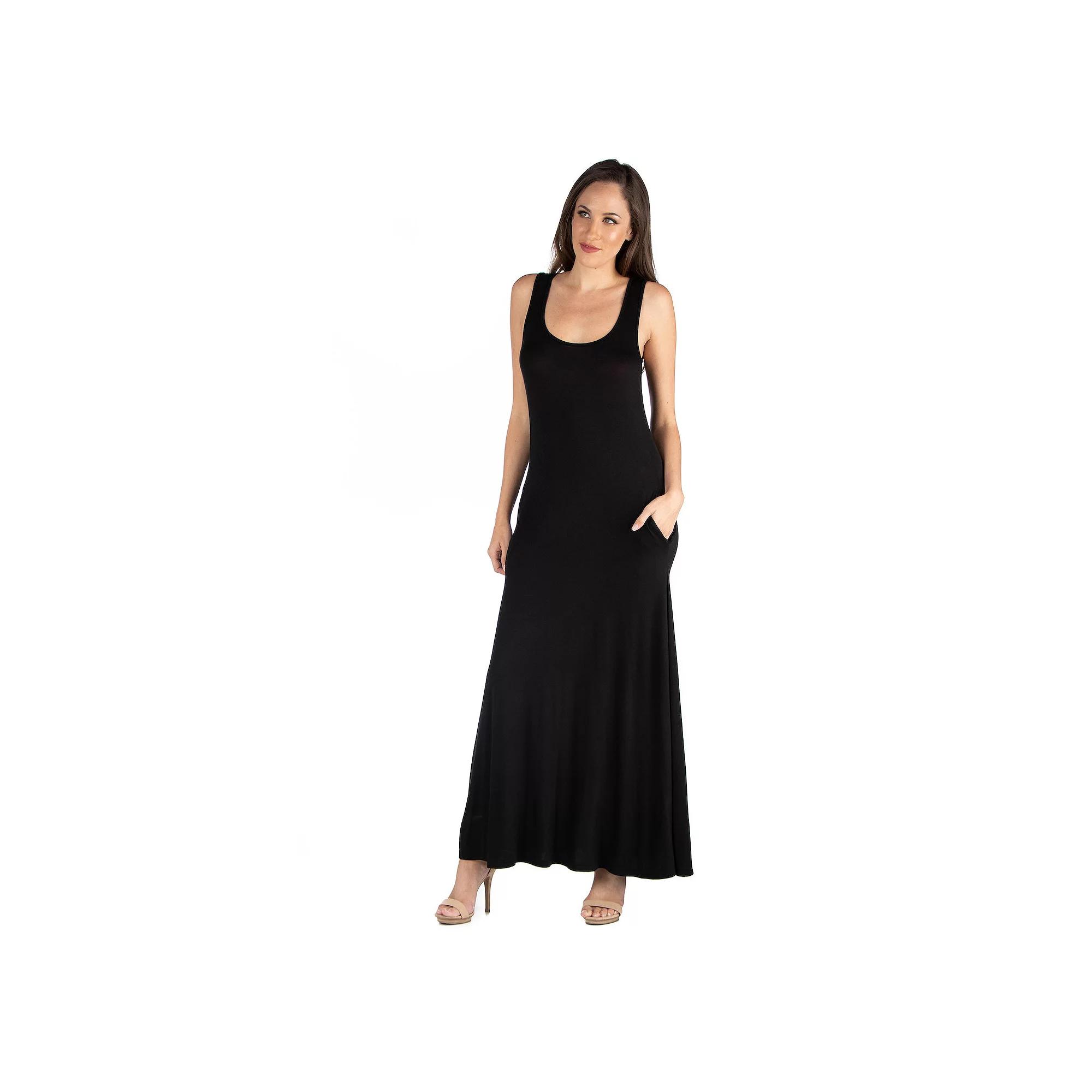 Women's 24seven Comfort Apparel Scoopneck Sleeveless Tank Top Maxi Dress with Pockets, Size: Medium, Black Product Image