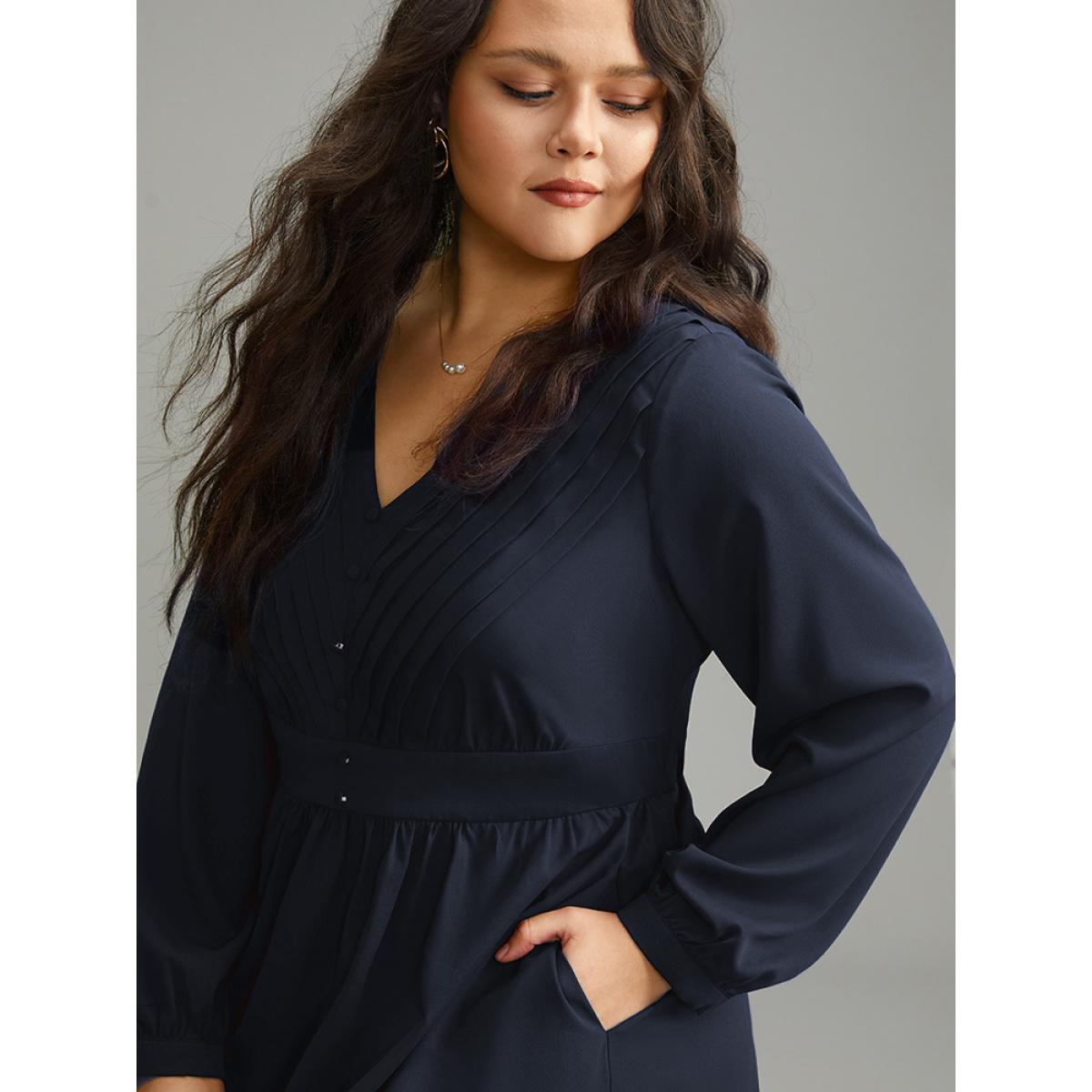 Plus Size Twill Pleated Beaded Long Sleeve Dress DarkBlue Women Elegant Plain V-neck Long Sleeve Curvy Midi Dress BloomChic 22-24/3X Product Image