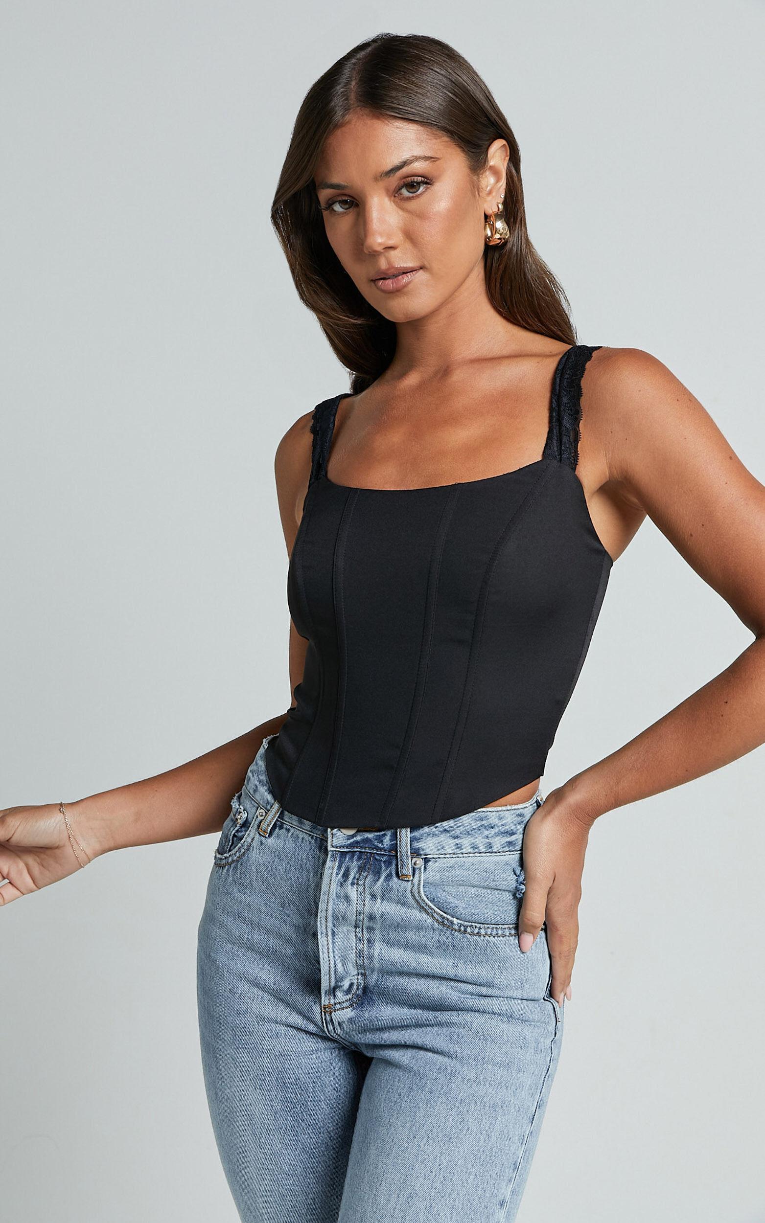 Kieran Top - Lace Strap Corset Top in Black Product Image