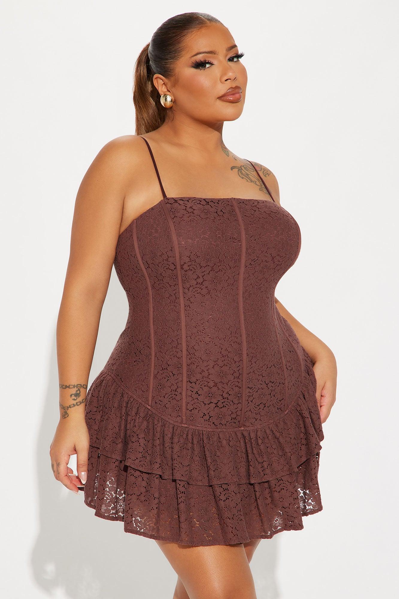 Lavish and Lovely Lace Mini Dress - Chocolate Product Image