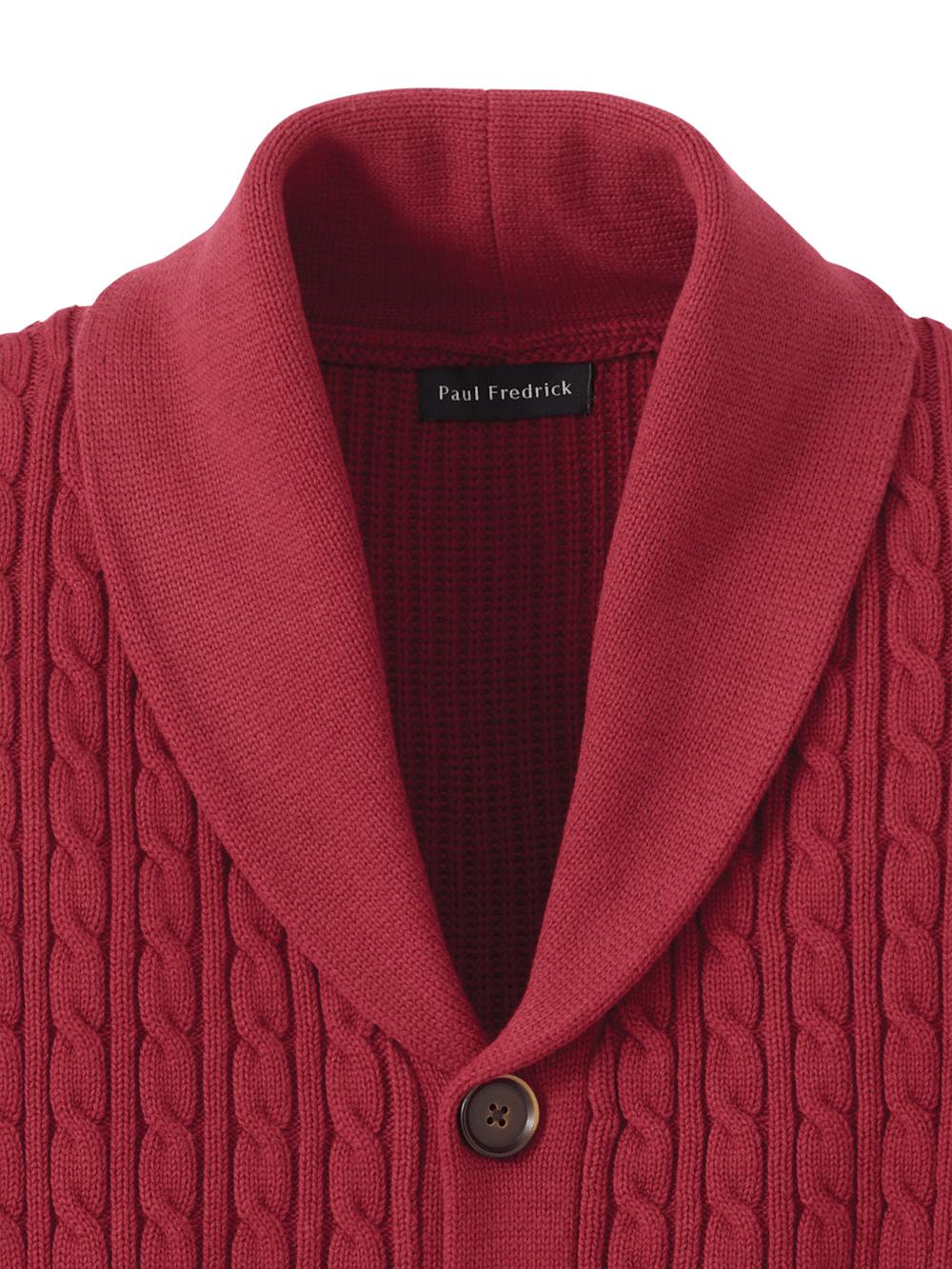 Cotton Cable Button Front Shawl Collar Cardigan - Burgundy Product Image